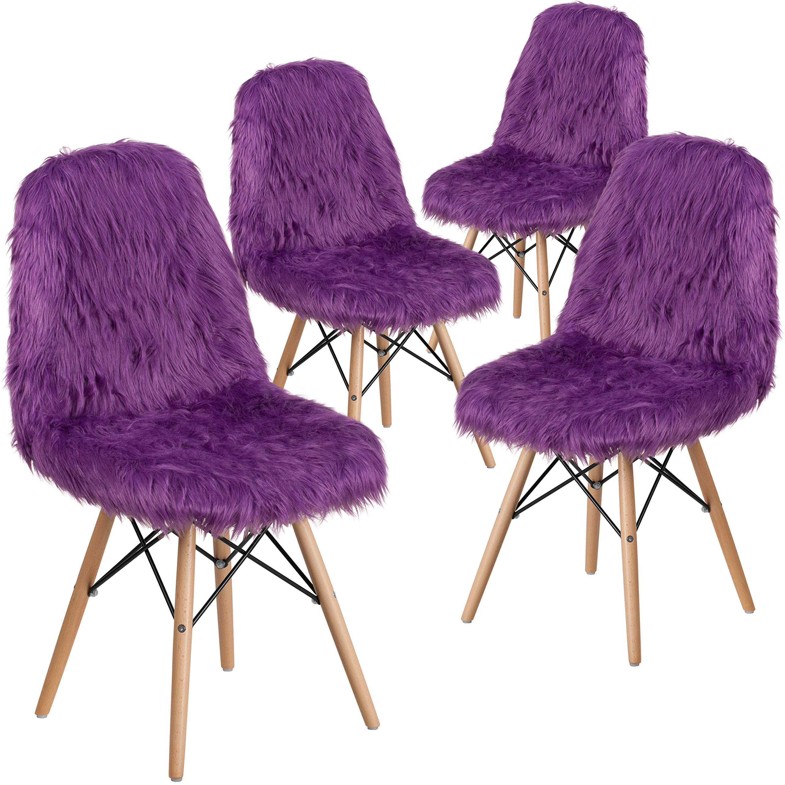 4 Pack Shaggy Dog Purple Accent Chairs - Faux Fur Retro Lounge Chairs for Dorm Room, Bedroom & Living Room Decor - Cozy Reading Nook & Instagram-Worthy Seating