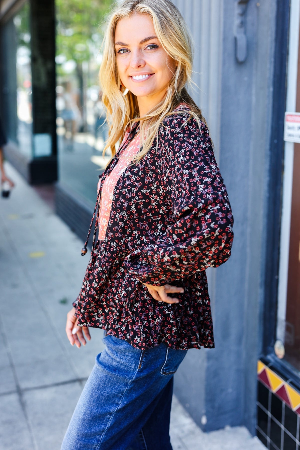 Black Floral Beaded Tie Peasant Woven Blouse for Women | Bohemian Summer Top | Perfect for Beach, Festival & Casual Outfits