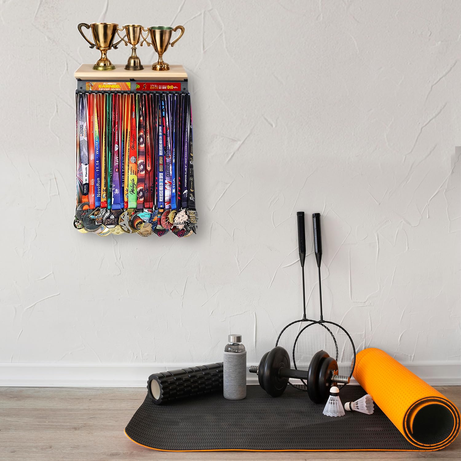 Beaux Creatives Premium Medal Hanger Display with Shelf - 18 Hooks Holds Up to 60 Medals - Wall Mount Trophy Organizer with Motivational Quotes - Perfect for Sports Awards, Military Ribbons & Achievement Displays in Home, Office or Gym