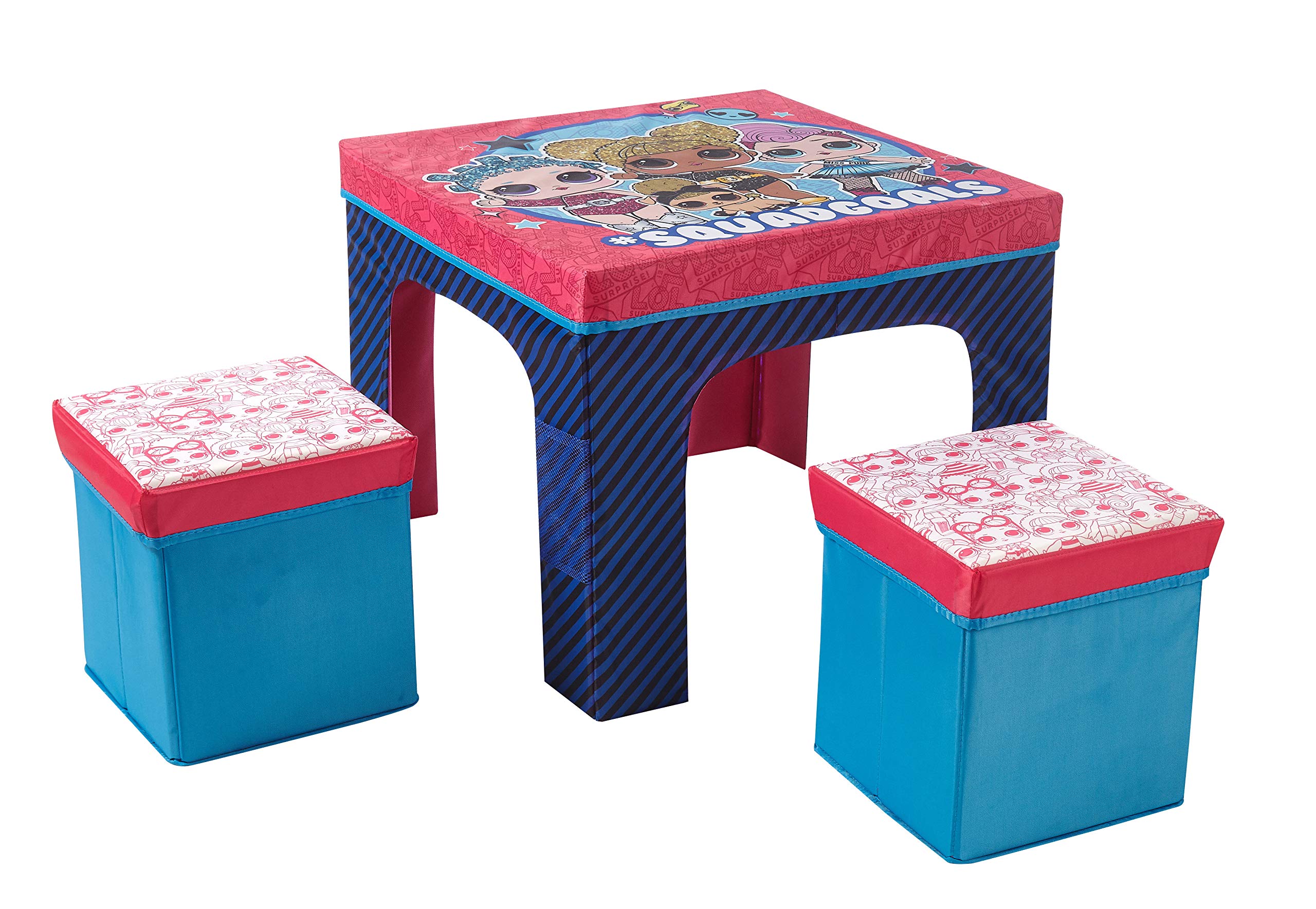 LOL Surprise 3-Piece Kids Furniture Set - Foldable Table with Storage & 2 Chairs, Collapsible Ottoman Seating for Playroom, Bedroom & Birthday Parties