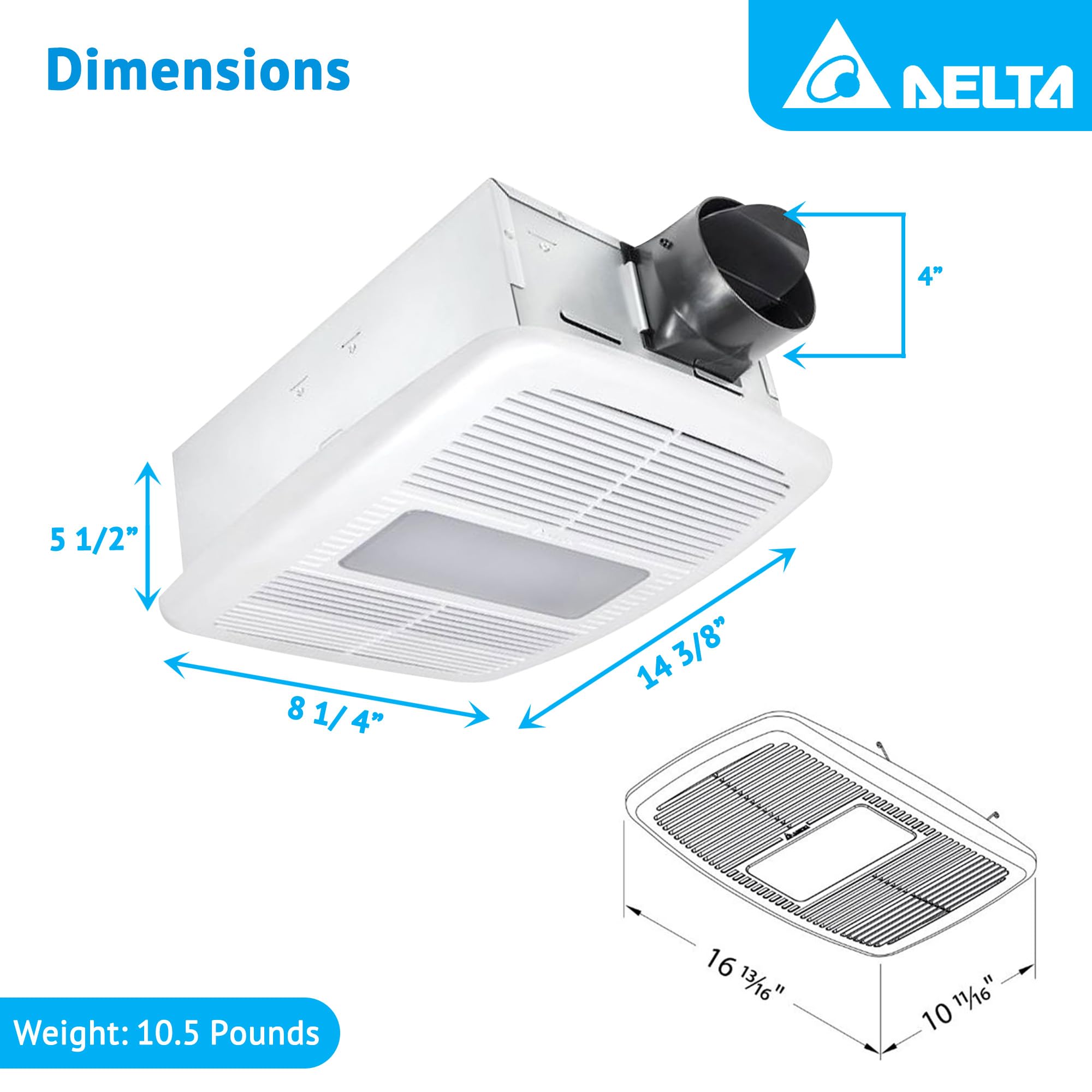 Delta Electronics RAD80LED BreezRadiance 80 CFM Bathroom Exhaust Fan with LED Dimmable Light and Heater - Quiet Ventilation for Bathrooms, Showers & Home Comfort