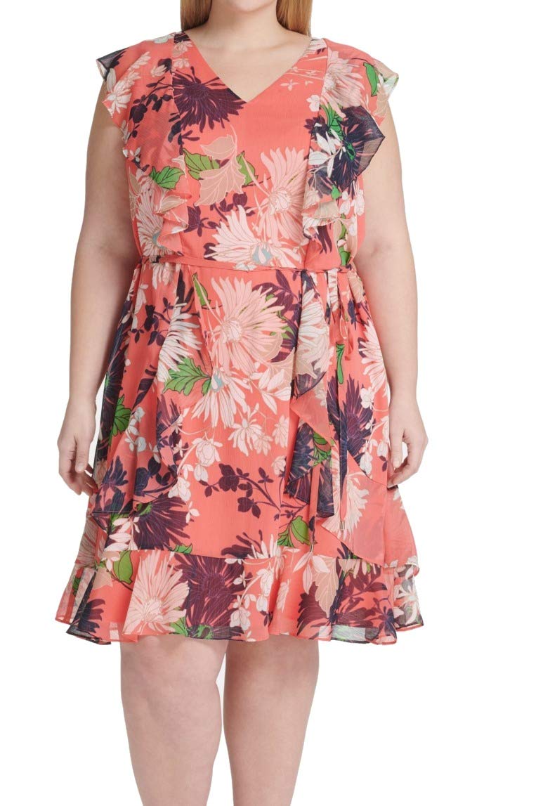 Tommy Hilfiger Women's Floral Print V-Neck Flutter Sleeve Shift Dress - Coral Knee-Length Dress for Women Plus Size 14W | Perfect for Summer Parties, Weddings & Office Wear