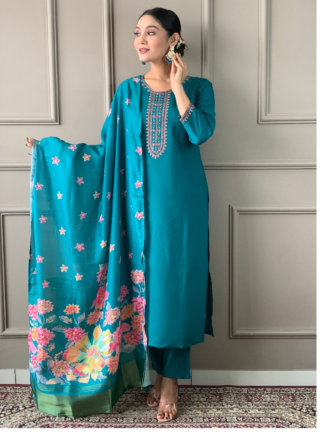 Elegant Blue Embroidered Pant Suit for Women - Ready to Wear Formal Outfit for Weddings, Parties & Office Wear