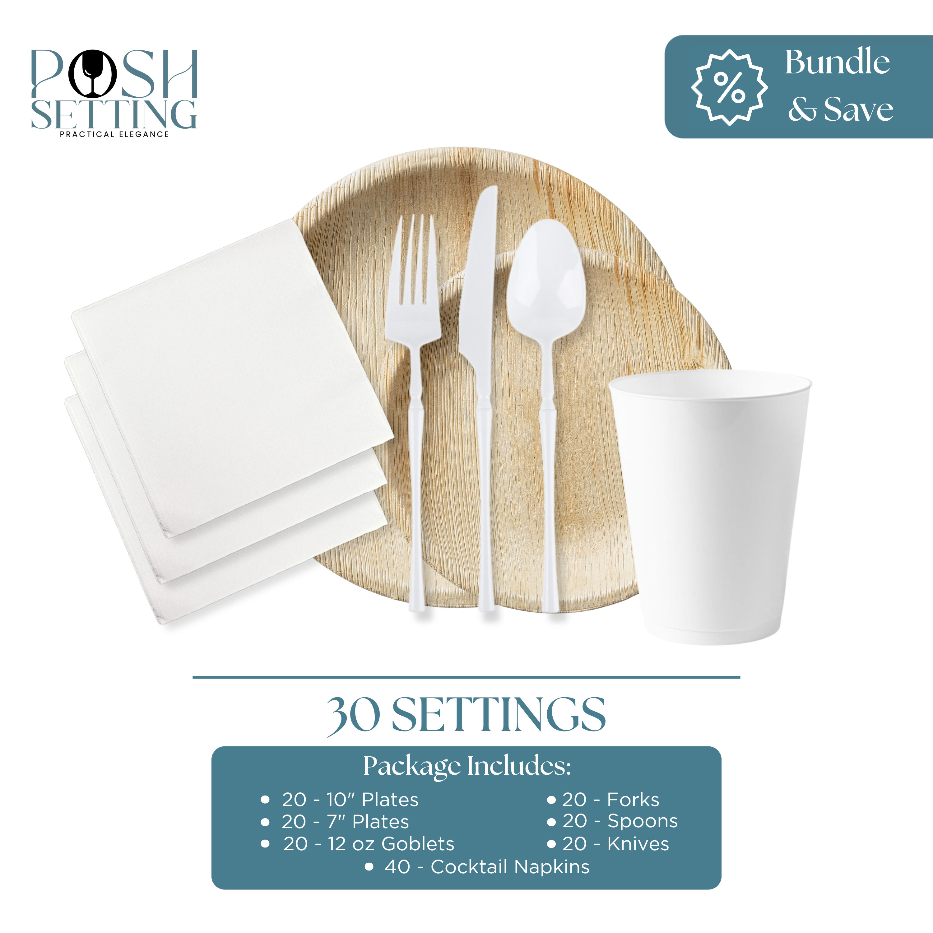 Eco-Friendly Palm Leaf & White Disposable Party Plates Set (20-Piece) - Perfect for Weddings, BBQs, Picnics & Outdoor Events