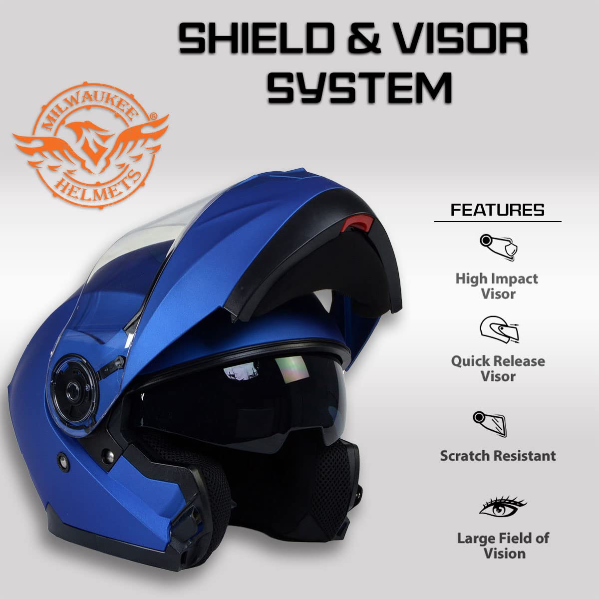 Milwaukee MPH9818DOT Breeze Blue DOT Certified Modular Motorcycle Helmet with Drop-Down Sun Visor - Large Size for Comfortable Riding | Perfect for Touring, Commuting & Adventure Biking
