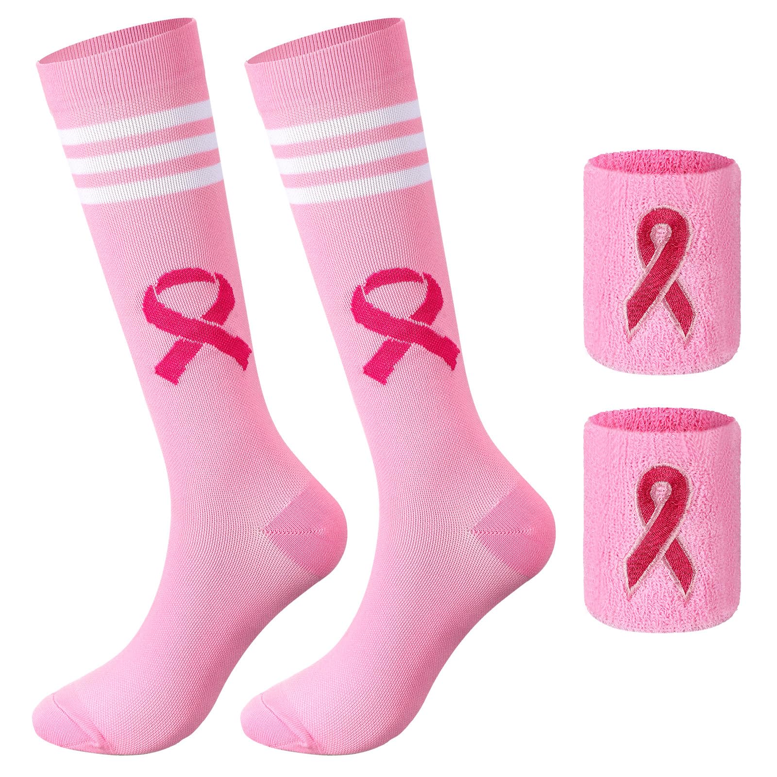 Pink Ribbon Socks & Wristbands Set for Breast Cancer Awareness - Unisex Knee-High Athletic Socks for Women & Men - Perfect for Running, Workouts & Charity Events