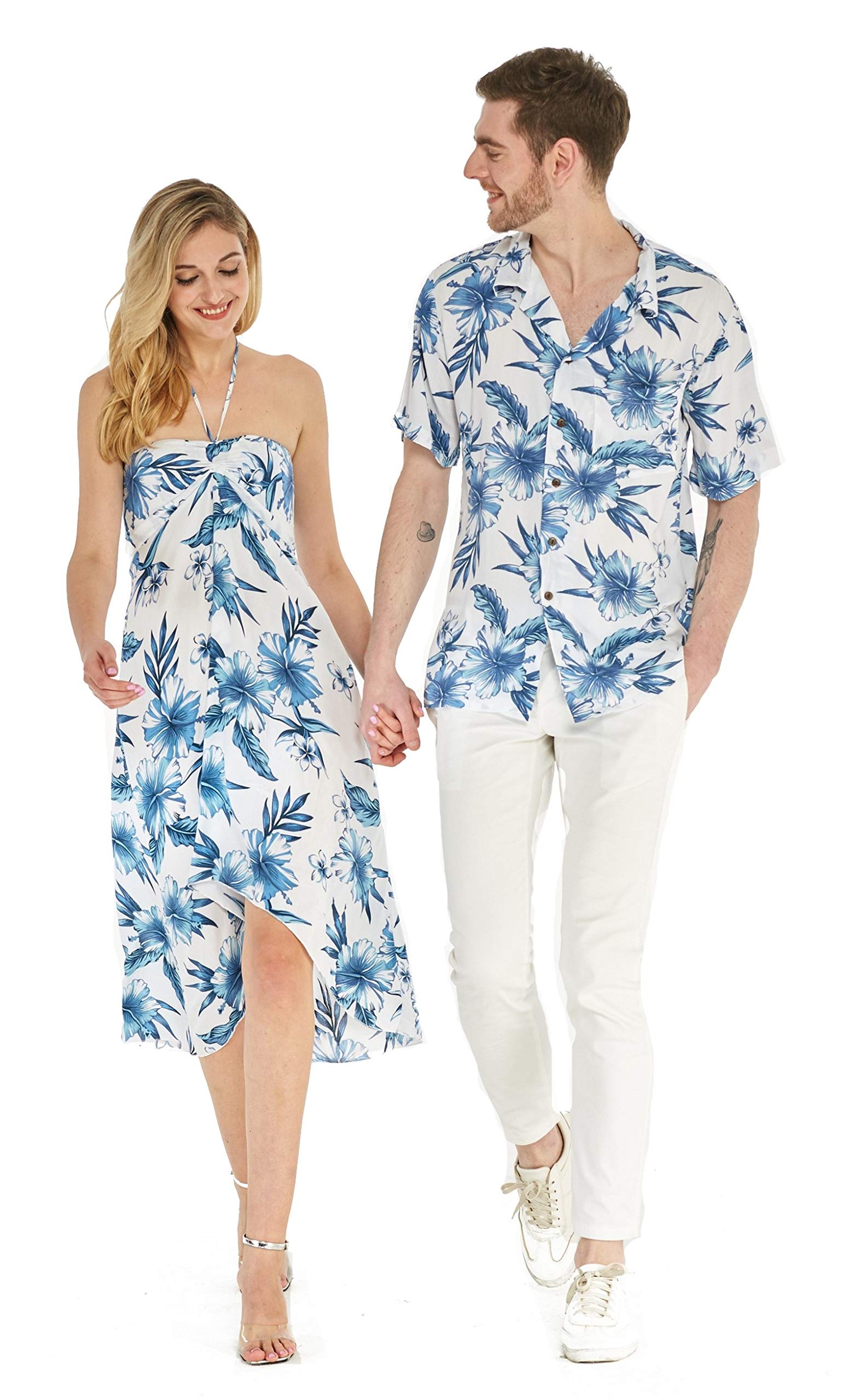 Couple Matching Hawaiian Luau Party Outfit Set - Black Rafelsia Shirt & Dress for Beach Vacation, Summer Party, and Tropical Theme Events