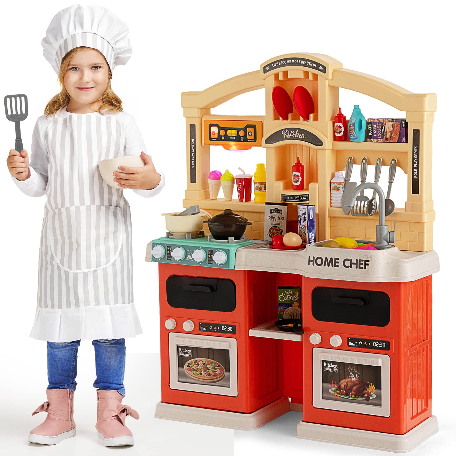 Costzon 69PCS Kids Kitchen Playset with Realistic Lights, Sounds & Steam Spray - Pretend Chef Toy Set with Play Sink & Food - Interactive Cooking Play Kitchen for Toddlers (Orange) | Perfect for Indoor Pretend Play, Birthday Gifts & Early Childhood Development