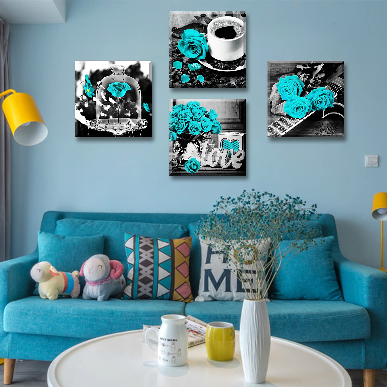 Turquoise Rose Canvas Wall Art Set - 4 Piece 12x12 Inch Framed Floral Prints for Bedroom, Living Room & Kitchen Decor | Modern Home Accessories & Gift Idea
