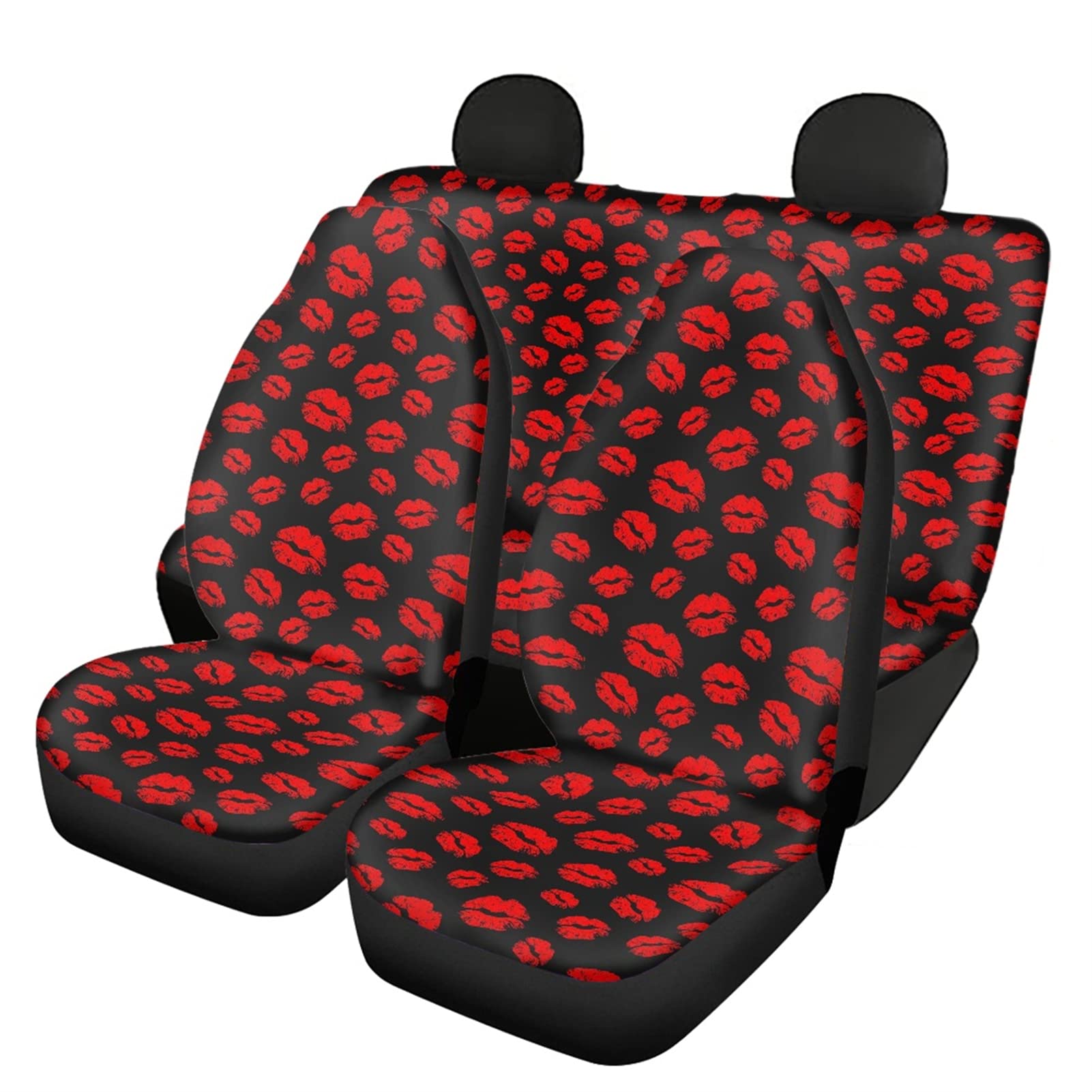 Deeprinter Red Lips Kiss Print Car Seat Covers - Universal Fit 4-Piece Set for Front & Rear Bucket Seats | Waterproof Auto Seat Protectors for Cars, SUVs & Trucks | Perfect for Date Nights, Valentine's Gifts & Stylish Interior Upgrades