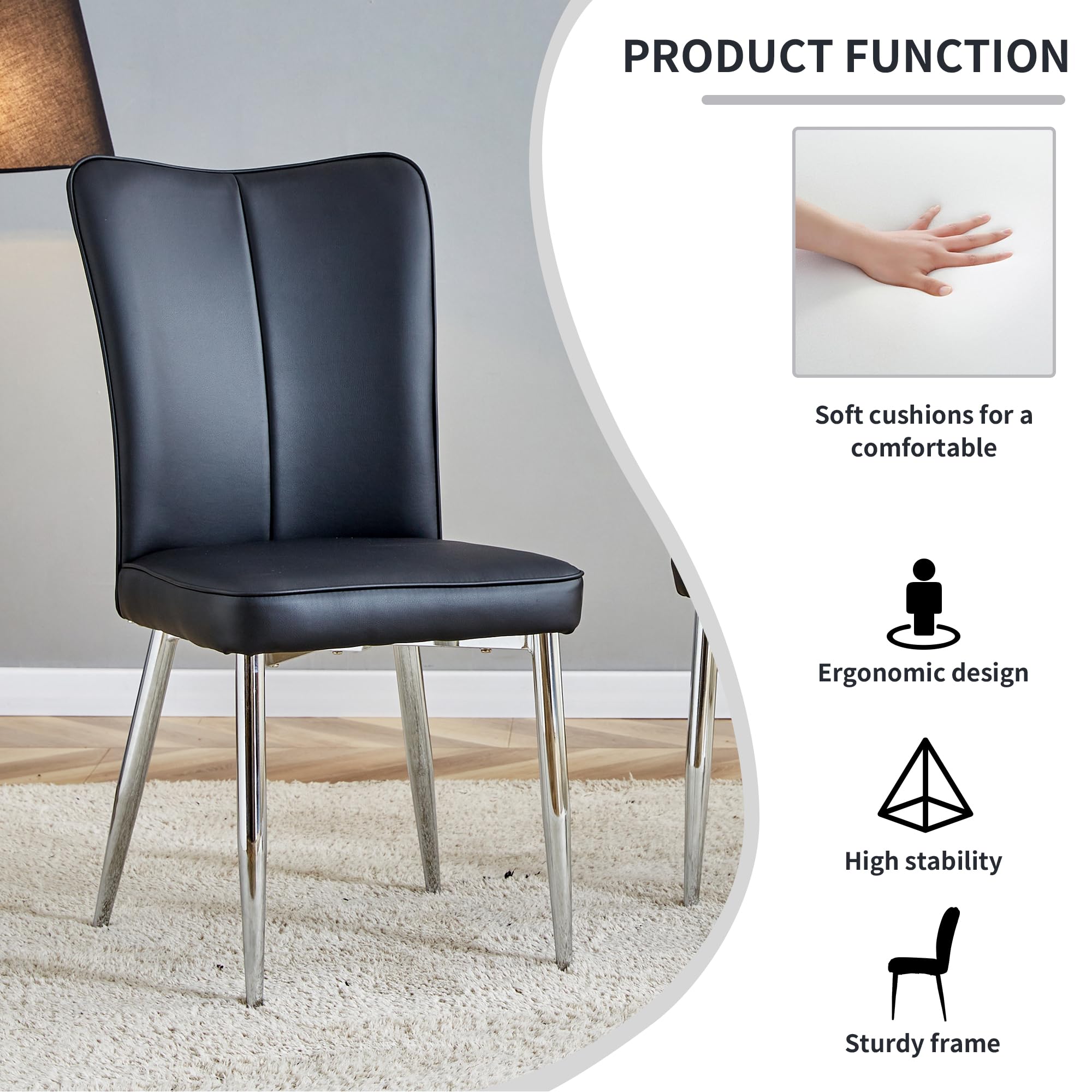 Betoko Mid Century Modern Dining Chairs Set of 4 - PU Cushioned Upholstered Kitchen Chairs with Sturdy Metal Legs - Comfortable Accent Chairs for Dining Room, Kitchen & Home Decor (Black)