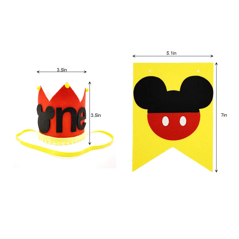 ChuangQi Mickey Mouse Theme 1st Birthday High Chair Banner & Party Crown Set - Soft Felt Fabric Decorations for Baby's First Birthday Party - Perfect for Photo Shoots, Cake Smash, and Milestone Celebrations