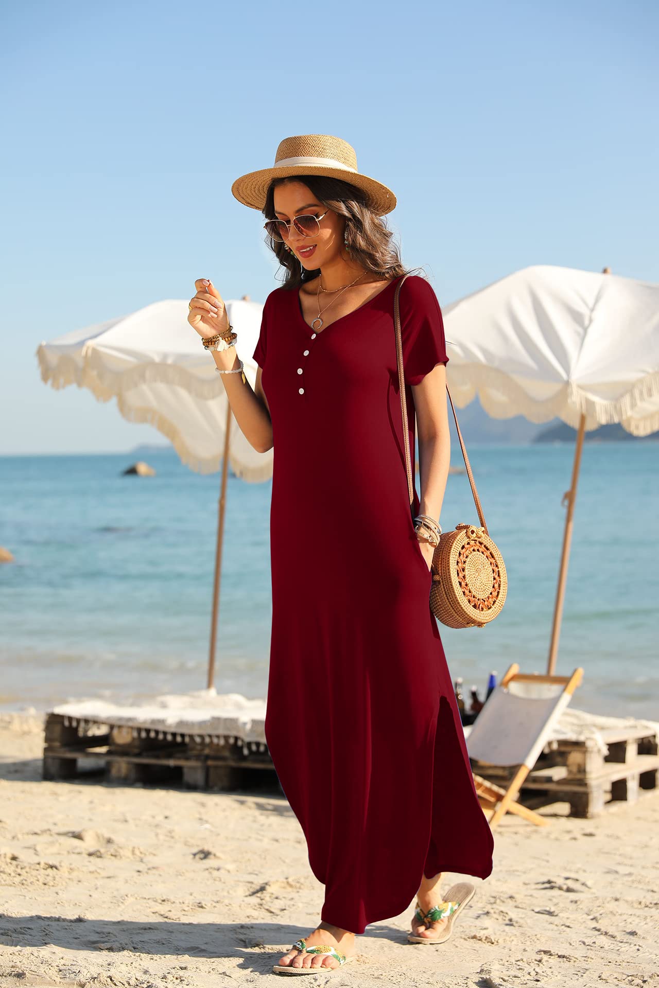 GRECERELLE Women's Summer Casual Long Sleeveless Maxi Dress with Double Slit - Perfect for Beach, Vacation, and Evening Outfits