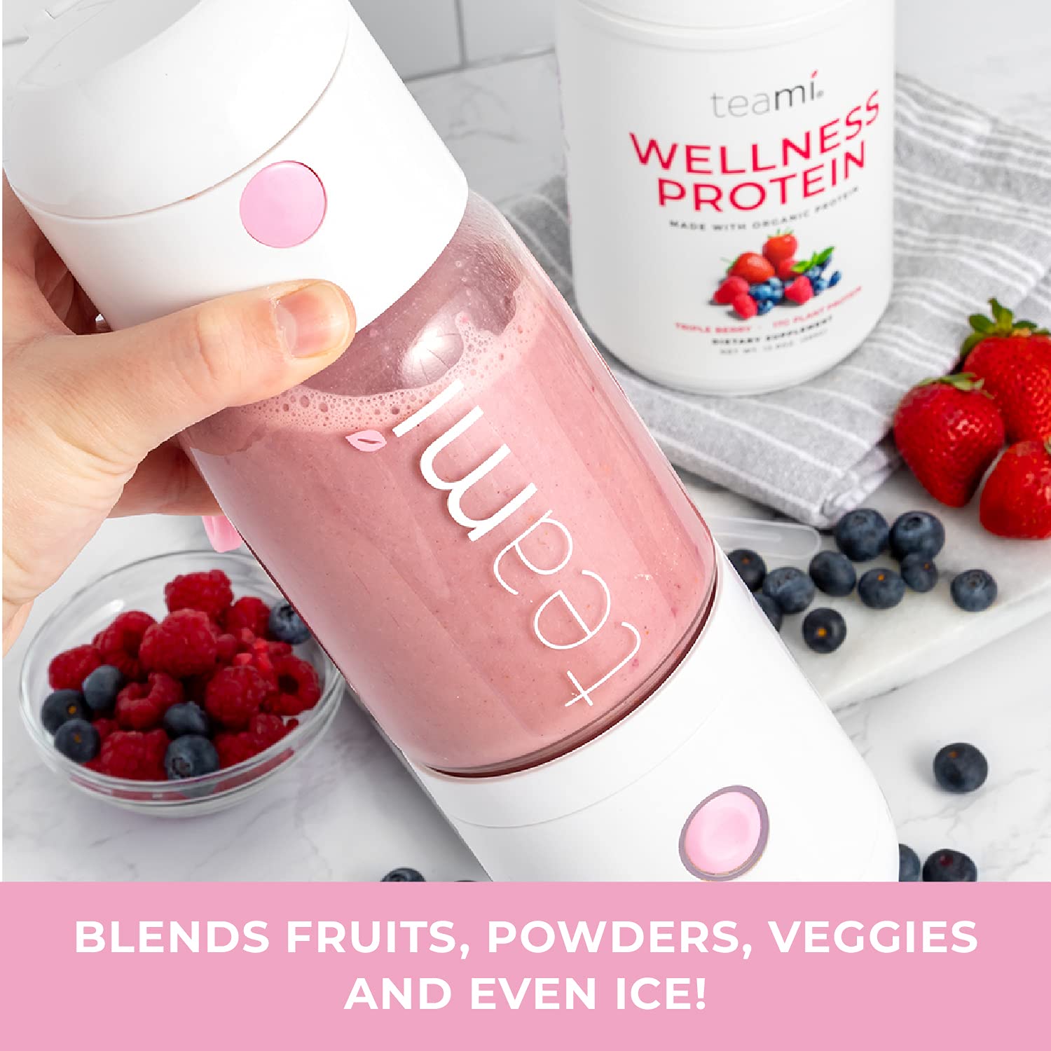 Teami MIXit 2.0 Portable Blender - 18.6oz Glass Personal Blender with USB Rechargeable Battery & 6 Blades - Perfect for Smoothies, Protein Shakes & Meal Prep at Gym, Office or Home (Baby Pink) - Compact Travel Blender for Healthy Drinks On The Go
