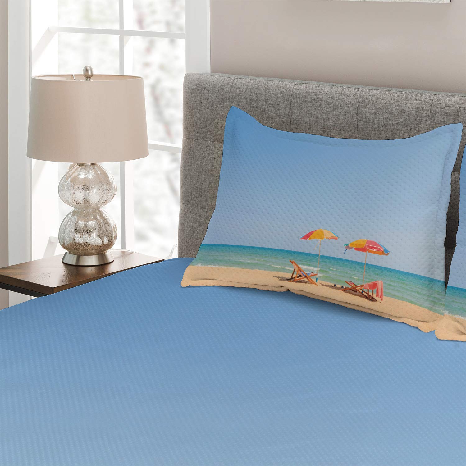 Ambesonne Seaside Quilt Set - King Size 3-Piece Beach Themed Bedspread with 2 Pillow Shams, Turquoise & Beige Coastal Decor | Perfect for Beach House, Vacation Rental or Coastal Inspired Bedroom