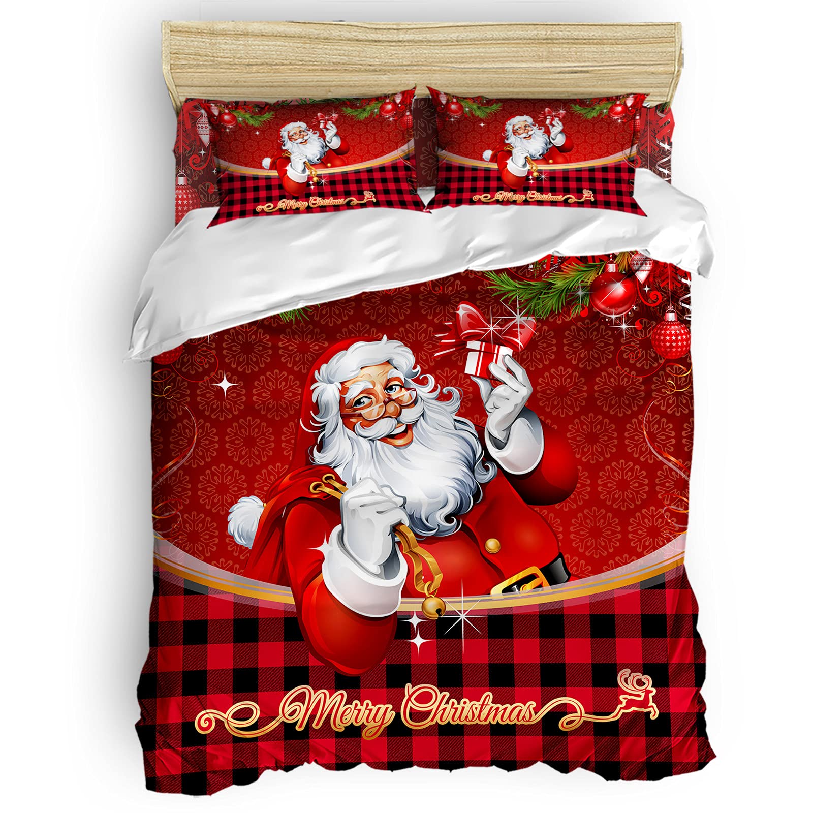 Laibao Twin Size Merry Christmas Santa Claus Duvet Cover Set - Soft Red Xmas Bedding with 4 Pieces (Duvet Cover + 2 Pillowcases + Flat Sheet) - Breathable Quilt Cover for Boys & Girls - Perfect for Holiday Decorations & Cozy Winter Nights