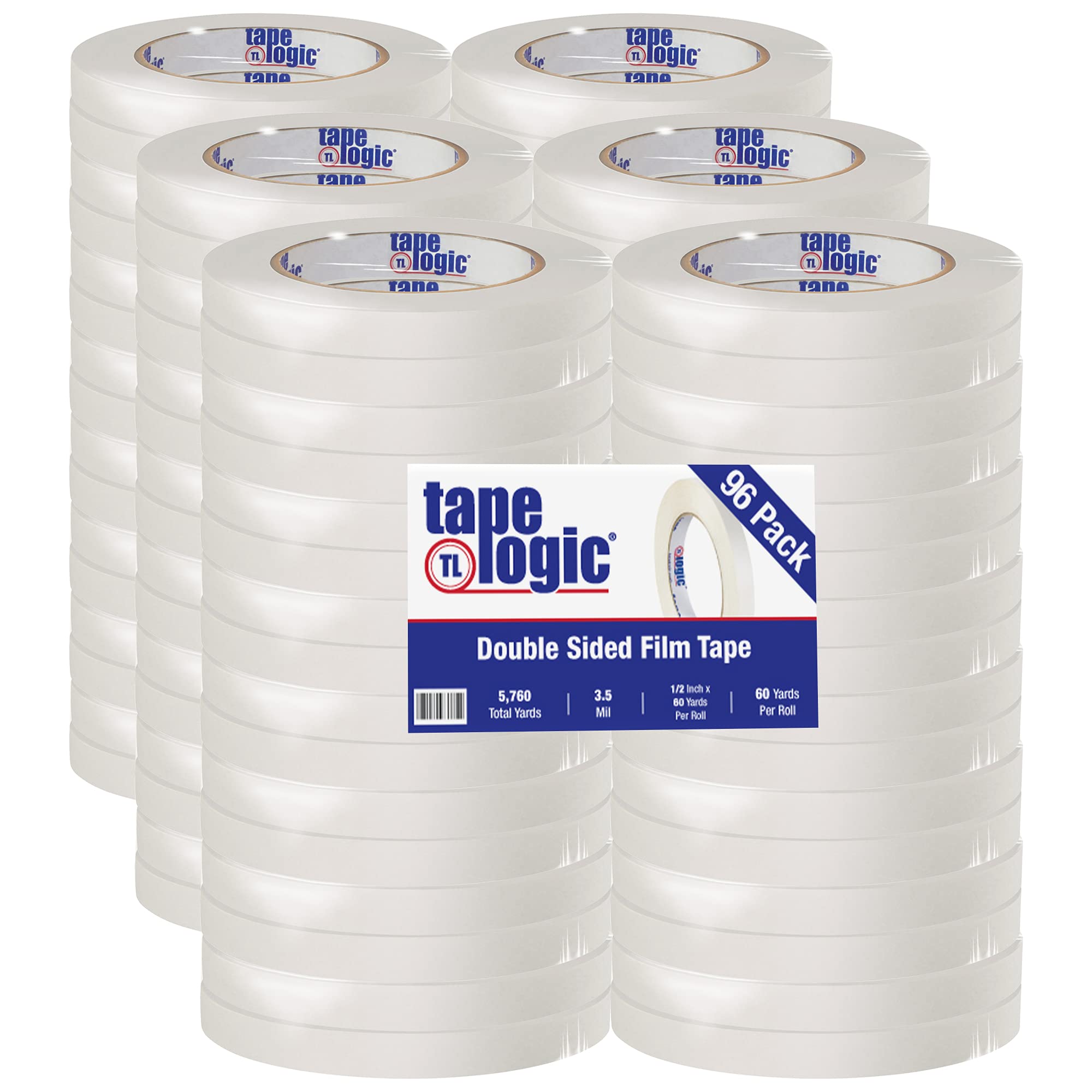 Tape Logic (96 Rolls) 1/2 Inch x 60 Yards White Double Sided Film Tape - Multipurpose Adhesive for Splicing, Crafts, Mounting & Office Use - Perfect for DIY Projects, Home Decor & Office Organization