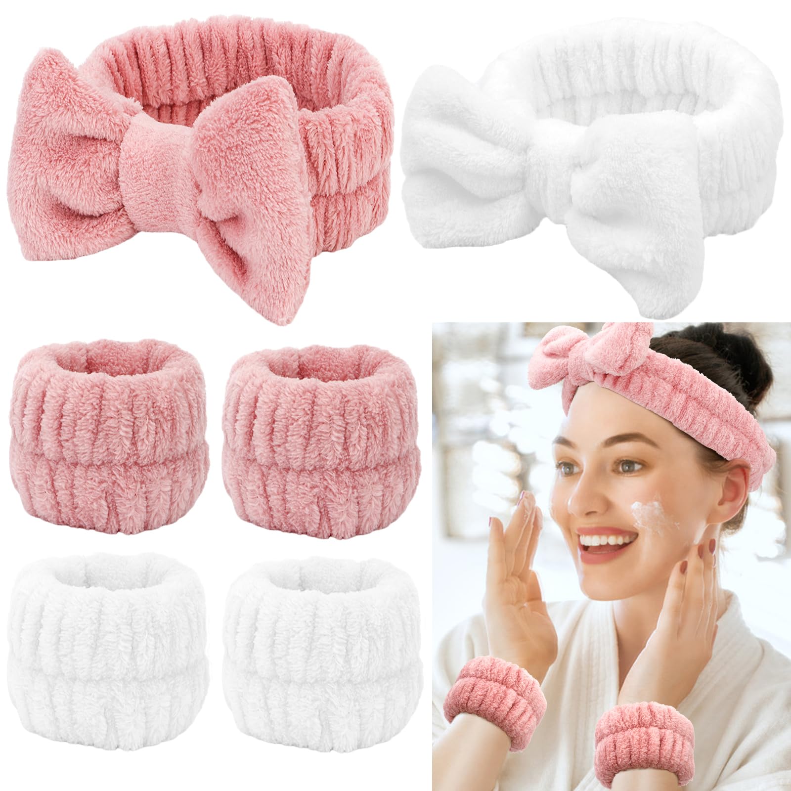 Canitor Spa Headband & Wristband Set - Soft Skincare Headband for Washing Face, Makeup Headband with Absorbent Wrist Towels - Trendy Preppy Teen Girl Gifts (White+Pink) | Perfect for Facial Care, Spa Days & Skincare Routines