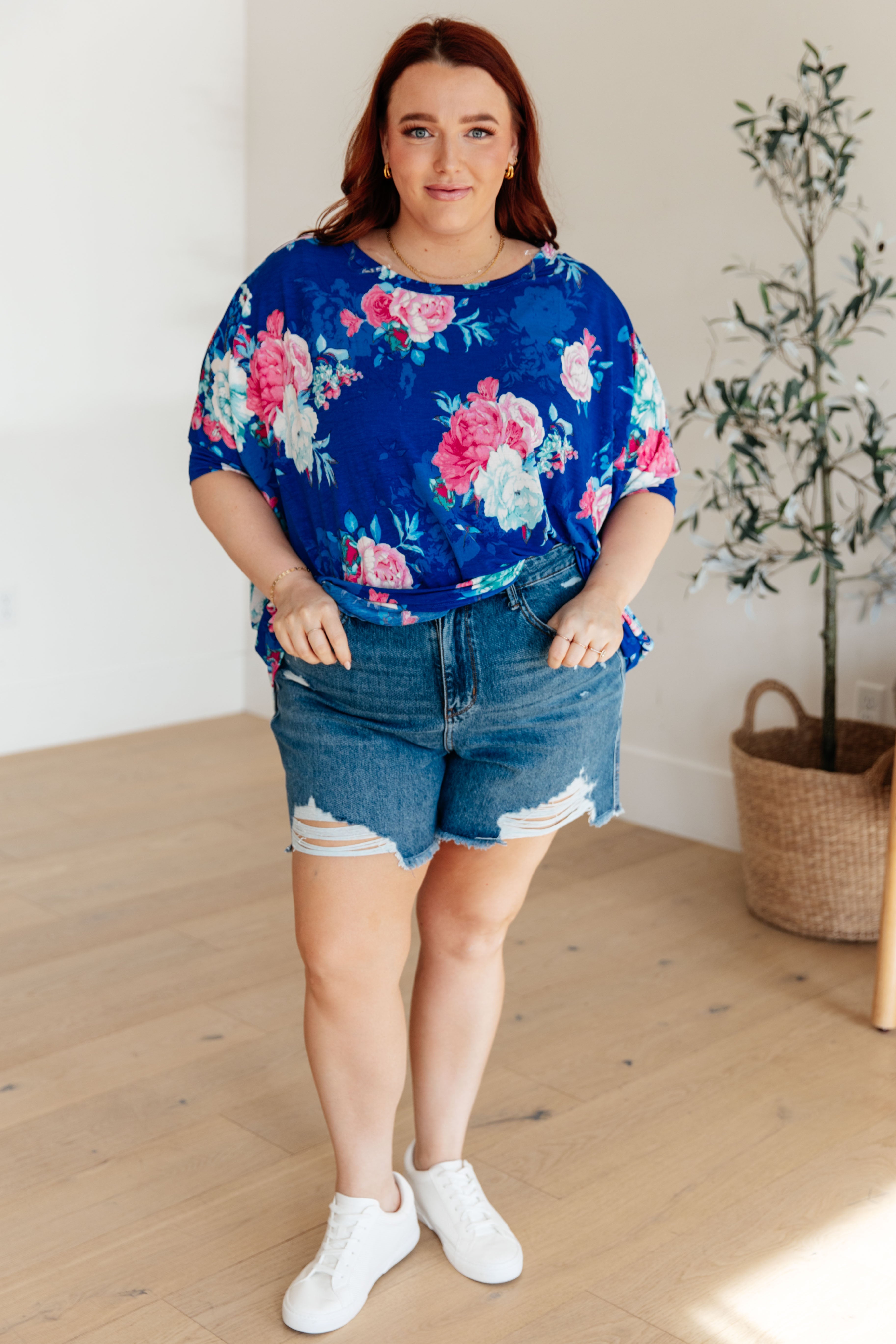 Royal & Pink Floral Essential Blouse for Women - Elegant Casual & Office Wear - Perfect for Work, Dates & Special Occasions