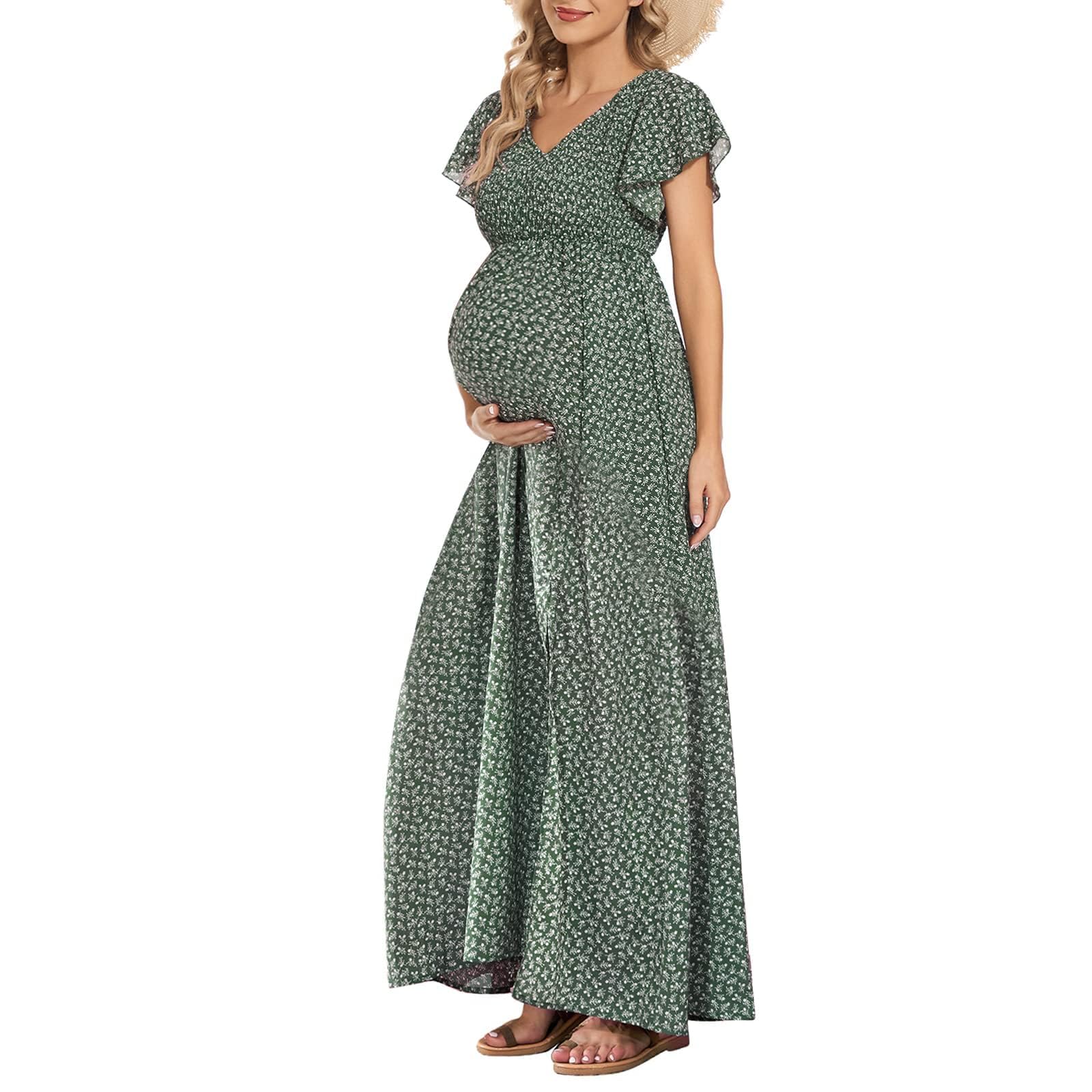 Boho Floral Print V-Neck Maternity Dress with Smocked Waist & Flutter Sleeves - Perfect for Baby Showers, Maternity Photoshoots and Summer Occasions