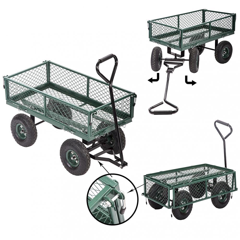 **Heavy Duty 650 lbs Capacity Garden Cart - 4-Wheel Steel Utility Wagon with Removable Sides for Yard, Lawn, Beach, Camping & Picnic - Collapsible Folding Green Outdoor Dump Wagon**    *(Perfect for Gardening, Landscaping, Hauling Firewood, Beach Trips, Camping Gear & Outdoor Adventures)*