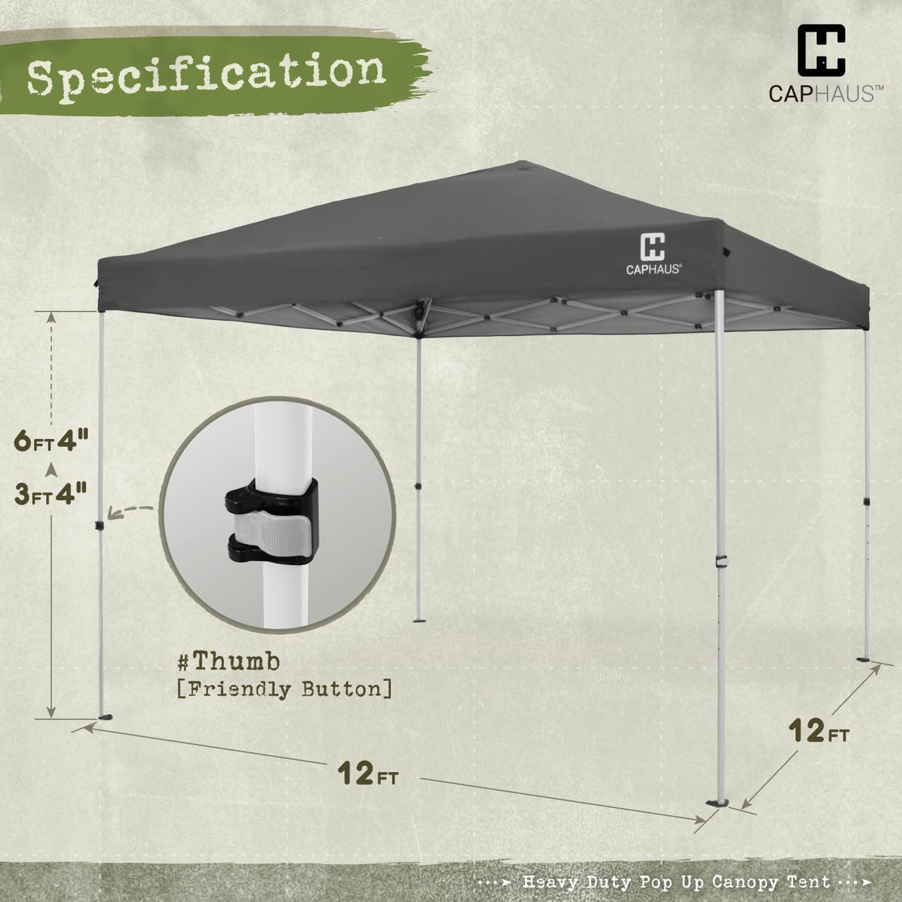 CAPHAUS 12x12ft Heavy Duty Commercial Pop Up Canopy Tent - One-Push Instant Setup, Central Lock System, Includes Wheeled Carry Bag & Weight Bag - Perfect for Outdoor Events, Farmers Markets, Beach & Backyard Parties (Dark Grey)