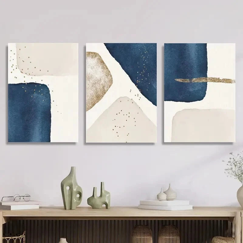 3-Piece Blue & Beige Geometric Wall Art Set - Framed Canvas Prints 40x60cm - High Quality Australian Made - Modern Home & Office Decor - Ready to Hang Living Room Bedroom Wall Decor