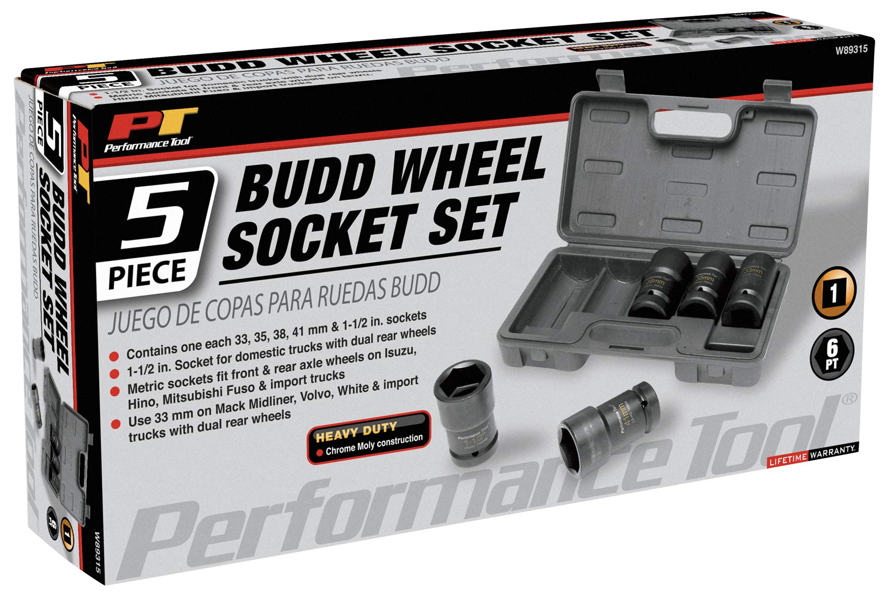 Performance Tool W89315 5-Piece 1-Inch Drive Budd Wheel Socket Set - Metric & SAE Sizes for Heavy-Duty Truck & Trailer Wheel Maintenance