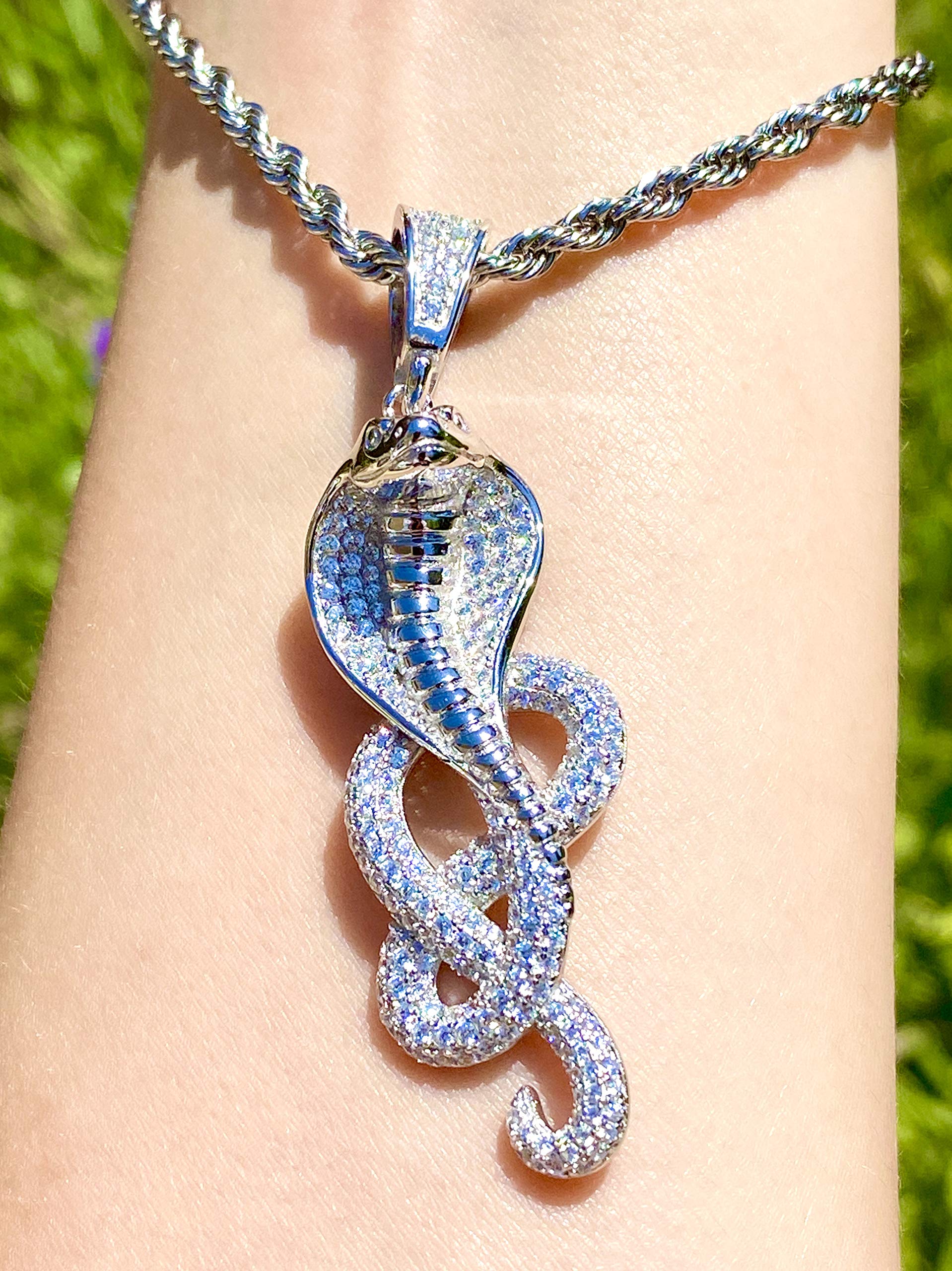 925 Sterling Silver Cobra Snake Pendant Necklace for Men & Women - Iced Out Stainless Steel Chain 16