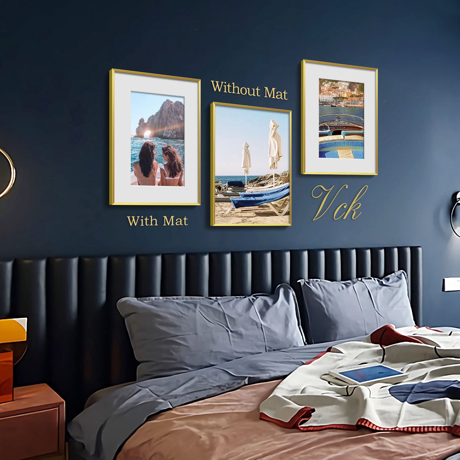 VCK 12x16 Aluminum Picture Frames Set of 3 - Gold Metal Poster Frames with Tempered Glass & Mat (Fits 8x12 or 12x16 Photos) - Elegant Wall Decor for Living Room, Bedroom & Office