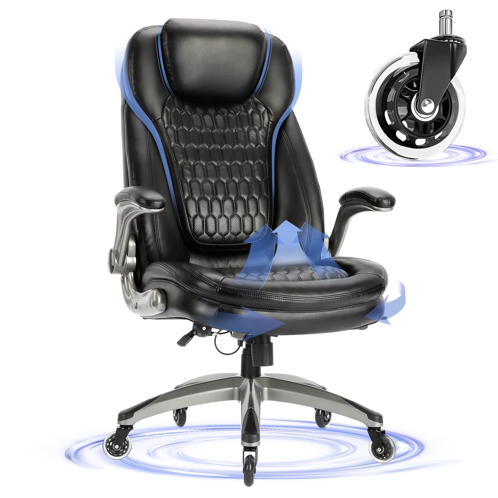 Premium Ergonomic Executive Office Chair - High Back Leather Computer Desk Chair with Padded Flip-Up Arms & Smooth-Swivel Base - Black - Perfect for Home Office, Gaming & Professional Workspaces