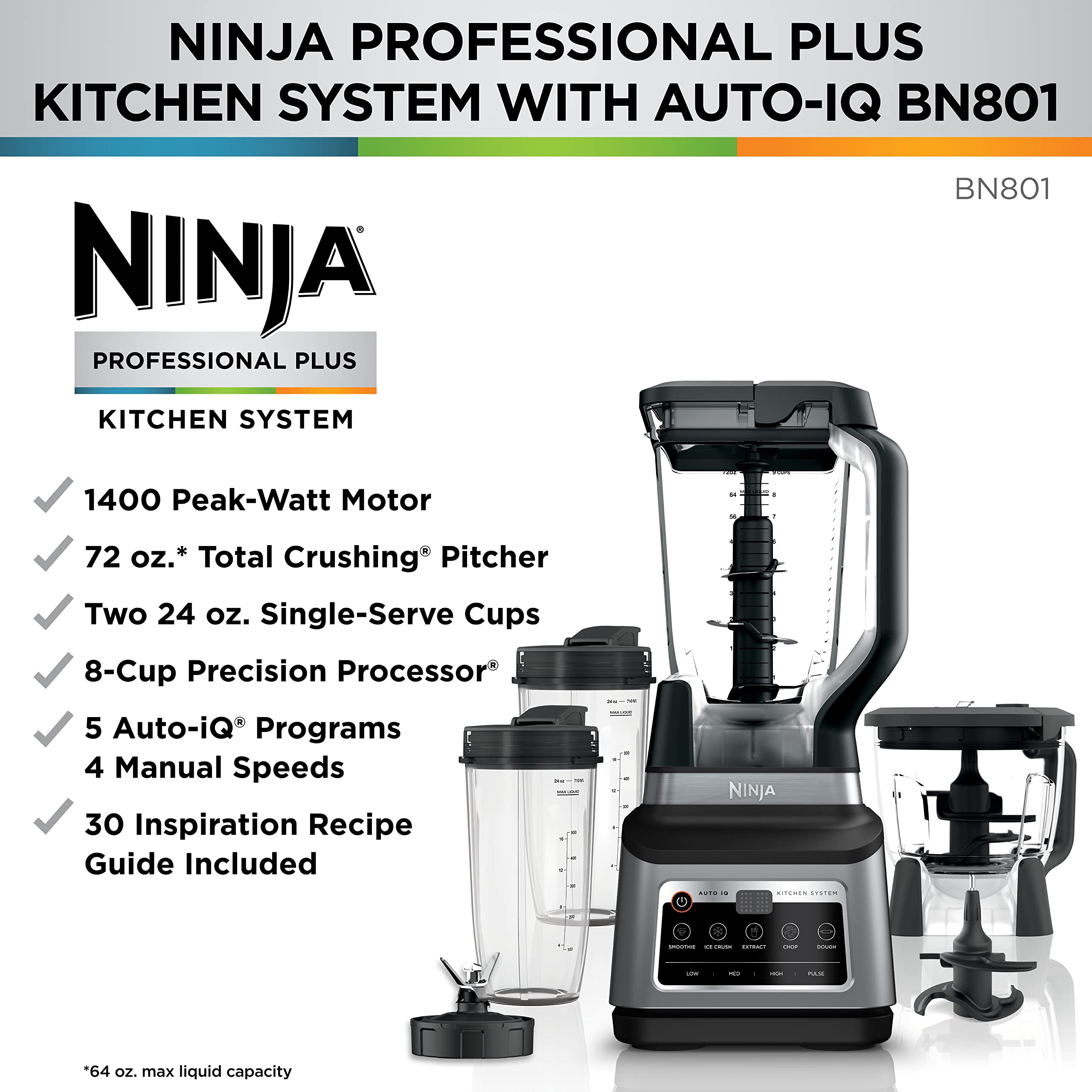 Ninja BN801 Professional Plus Kitchen System - 1400W High-Powered Blender for Smoothies, Chopping, Dough & More with Auto IQ Technology | Includes 72oz Blender Pitcher, 64oz Processor Bowl & 2x 24oz To-Go Cups | Perfect for Meal Prep, Healthy Juicing & Family Cooking (Grey)