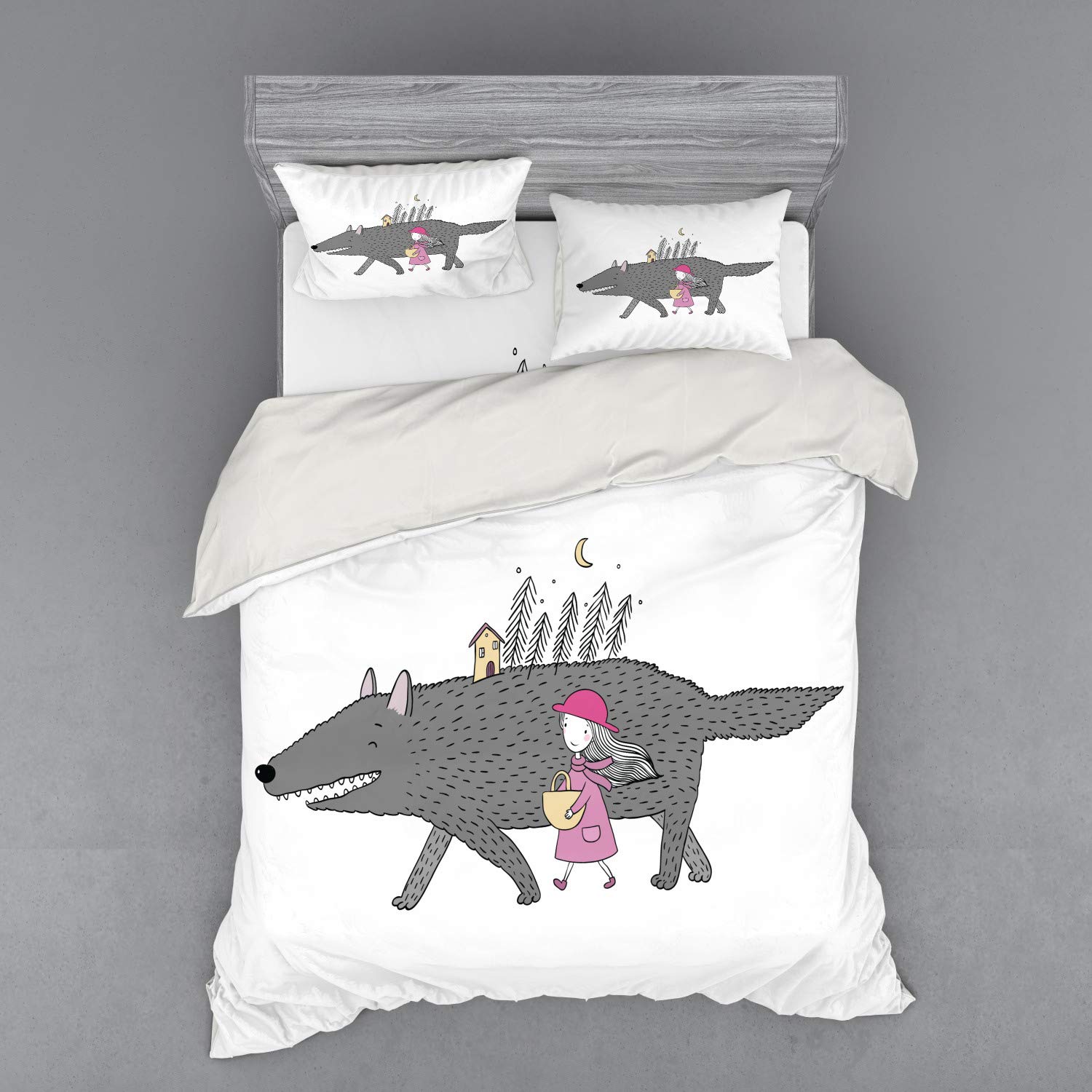 Ambesonne Fantasy Bedding Set - Queen Size 4-Piece Duvet Cover with Shams & Fitted Sheet, Pink Grey Peach Design Featuring Girl in Pink Dress Walking with Giant Wolf in Fir Forest | Perfect for Teen Girls' Rooms, Fantasy Themed Bedrooms & Cozy Cabin Retreats