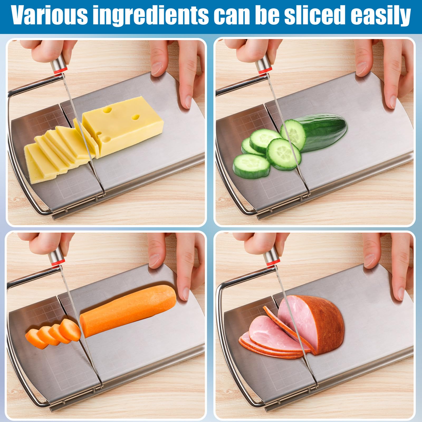 Premium Stainless Steel Cheese Slicer & Cutter Board with Sharp Blade - Multi-Purpose Food Slicer for Cheese, Butter, Sausage, Ham - Includes Measurement Scale for Precise Cuts - Perfect for Kitchen, Charcuterie Boards & Party Platters