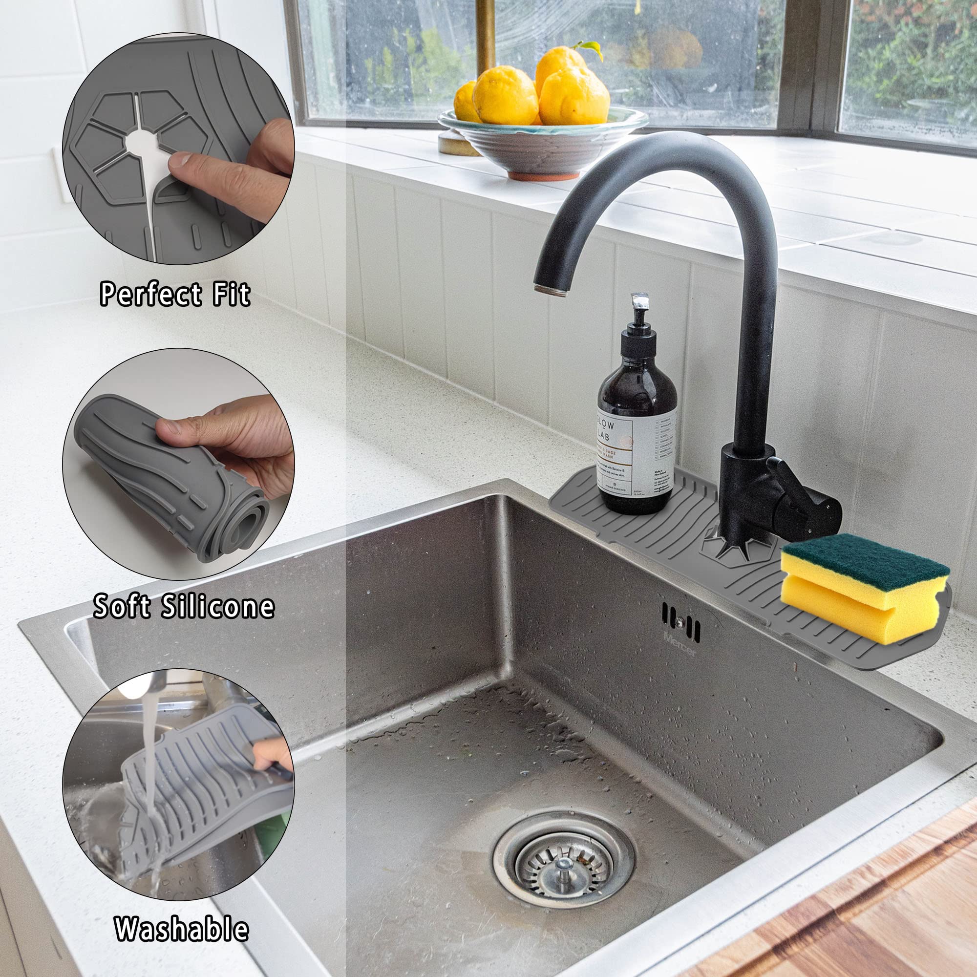Premium Silicone Sink Splash Guard Set - 3-Piece Kitchen Sink Organizer with Faucet Drip Catcher, Soap Sponge Holder & Non-Slip Mat - Modern Grey Countertop Accessories for Dry, Clean Kitchen (Ideal for Washing Dishes, Food Prep & Keeping Counters Tidy)