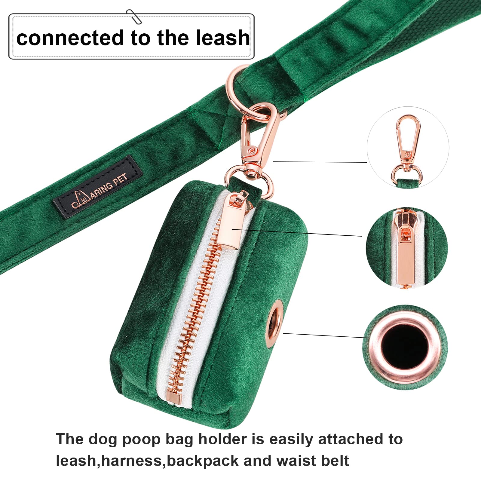 Premium Velvet Dog Poop Bag Holder - Leash Attachment Waste Bag Dispenser with Metal Zipper | Dark Green Washable Pet Waste Pouch for Dogs | Perfect for Walks, Hikes & Park Visits