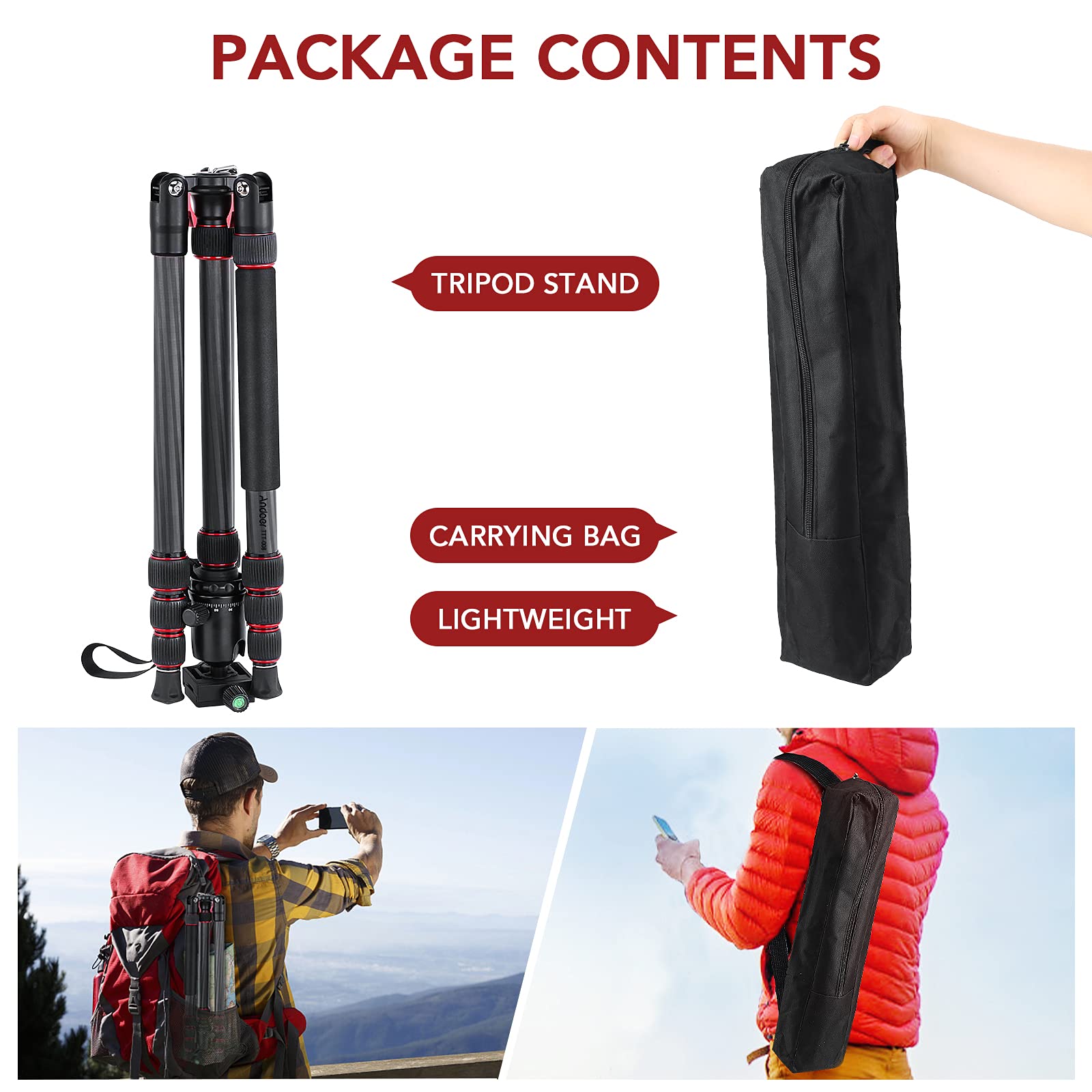 Professional Carbon Fiber DSLR Tripod HUIOP TTT-008 - 200cm/78.7in Adjustable Camera Stand with Quick Release Ball Head, 12KG Payload & Carry Bag - Perfect for Travel Photography, Vlogging, and Outdoor Shooting