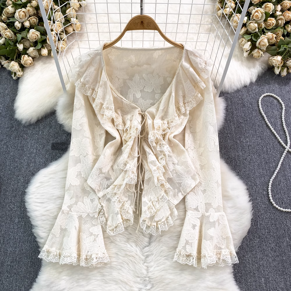 Elegant French Style Long Sleeve V-Neck Ruffled Chiffon Blouse - Women's Casual Dressy Top for Work, Date Night & Special Occasions