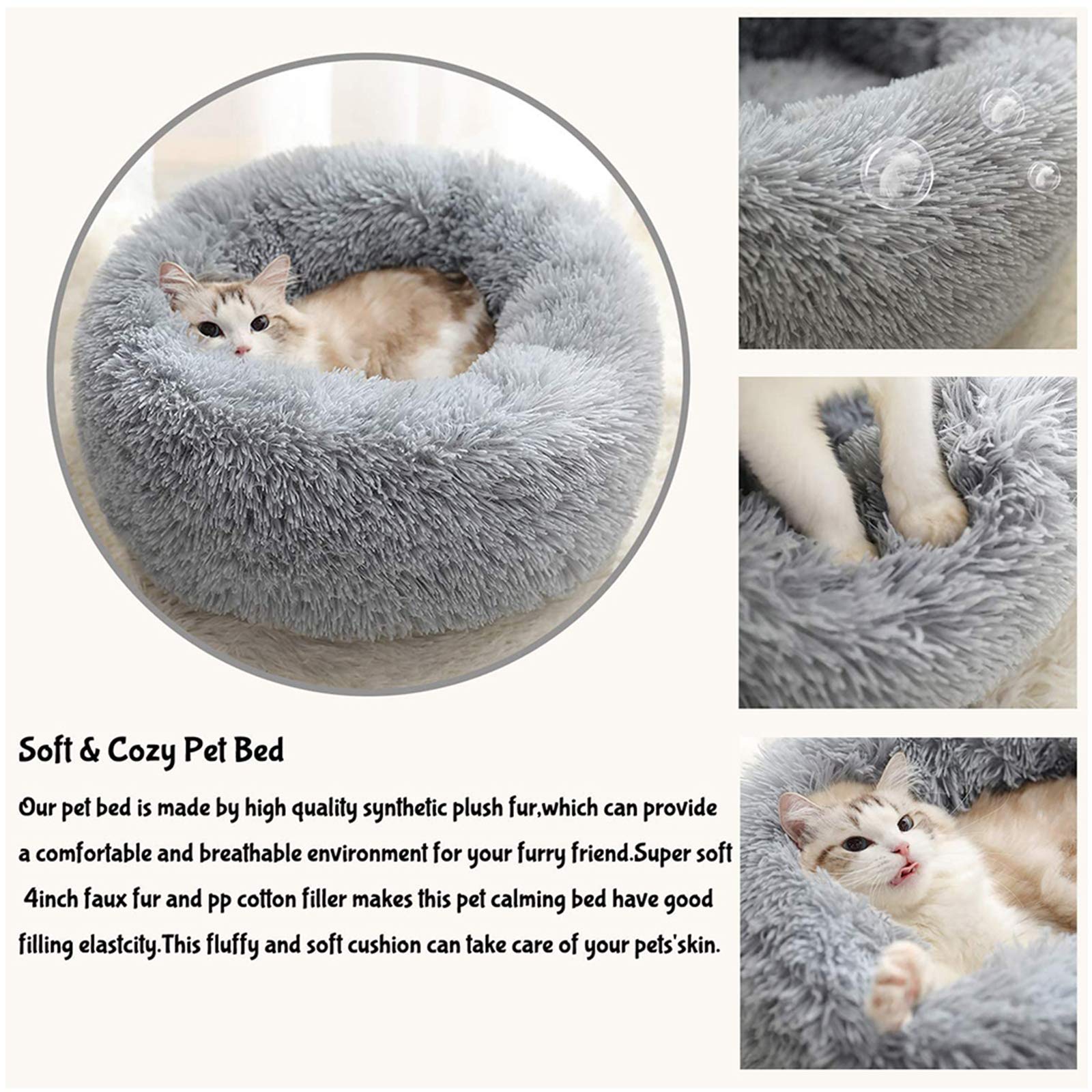 Cozy Donut Cat Bed for Indoor Cats & Small Dogs - Fluffy Round Plush Faux Fur Pet Bed with Self-Warming Feature | Machine Washable, Waterproof Bottom | Perfect for Winter Sleeping & Calming Anxiety (Grey)