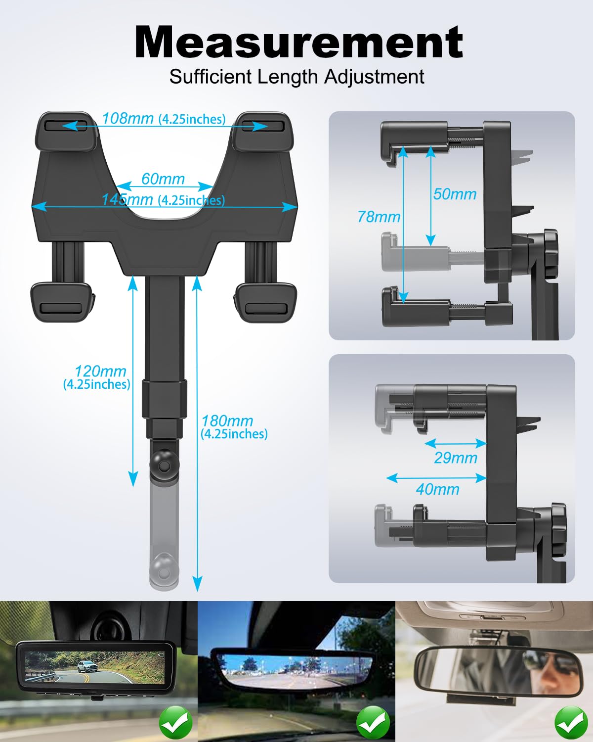 360° Rotatable & Retractable Car Rearview Mirror Tablet Holder - Universal Mount for 4.7