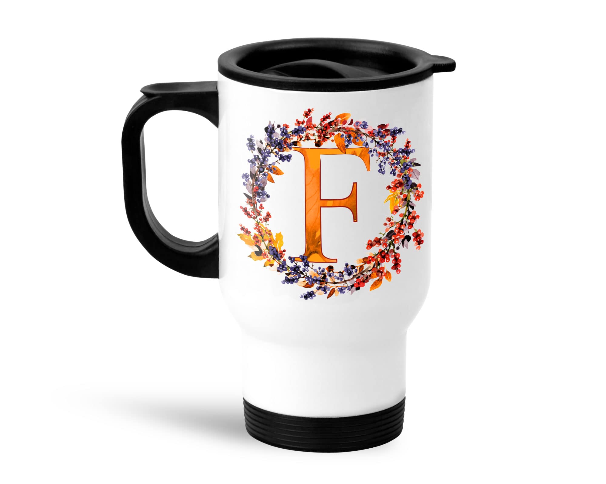 BRGiftShop Personalized Monogram Letter F Autumn Wreath Stainless Steel Travel Mug 14oz with Lid - Perfect for Coffee, Tea & Hot Drinks on the Go