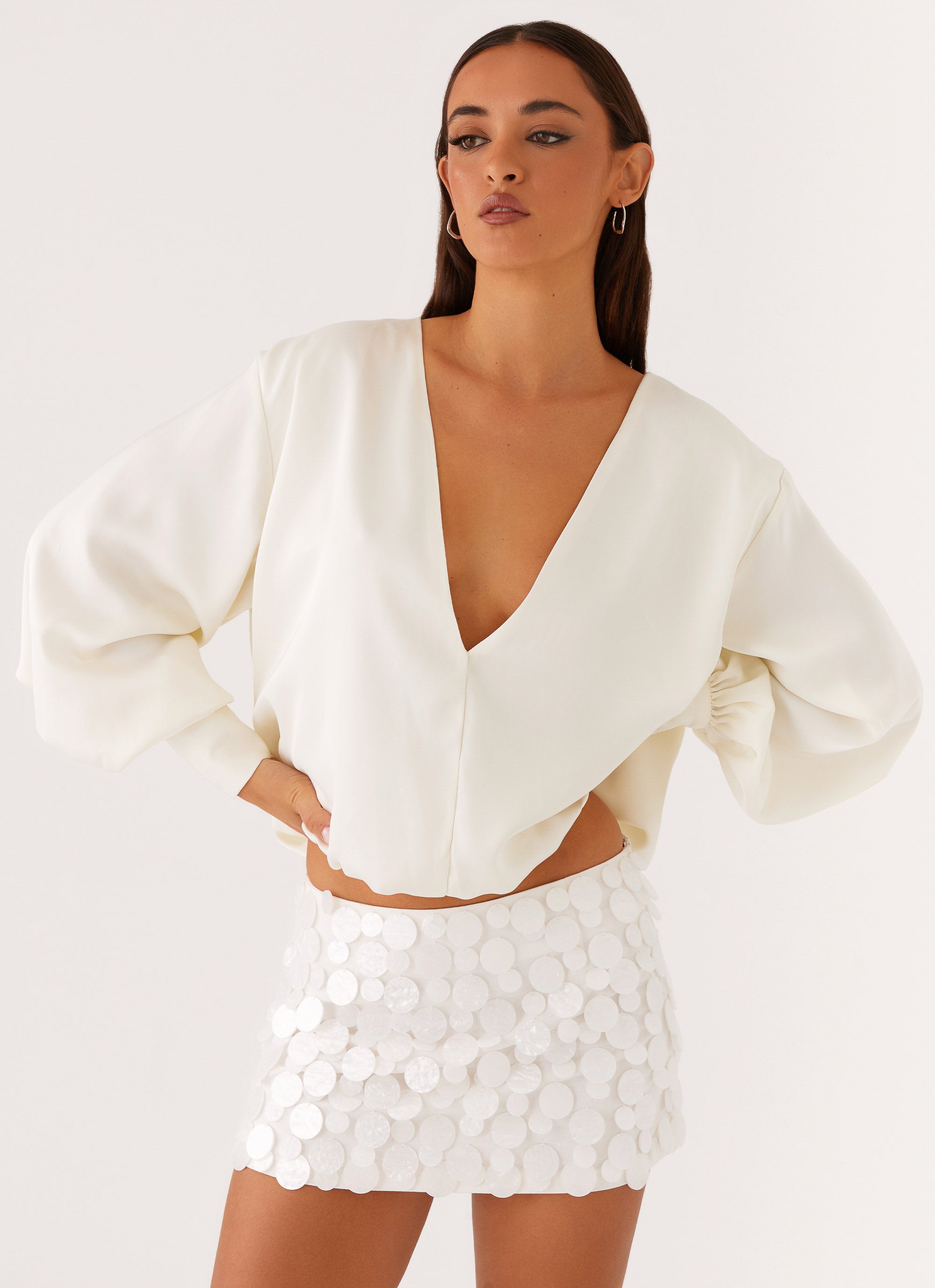 Baxter Balloon Sleeve Blouse for Women - Elegant Off White Tops | Perfect for Office Wear, Date Night & Casual Outfits