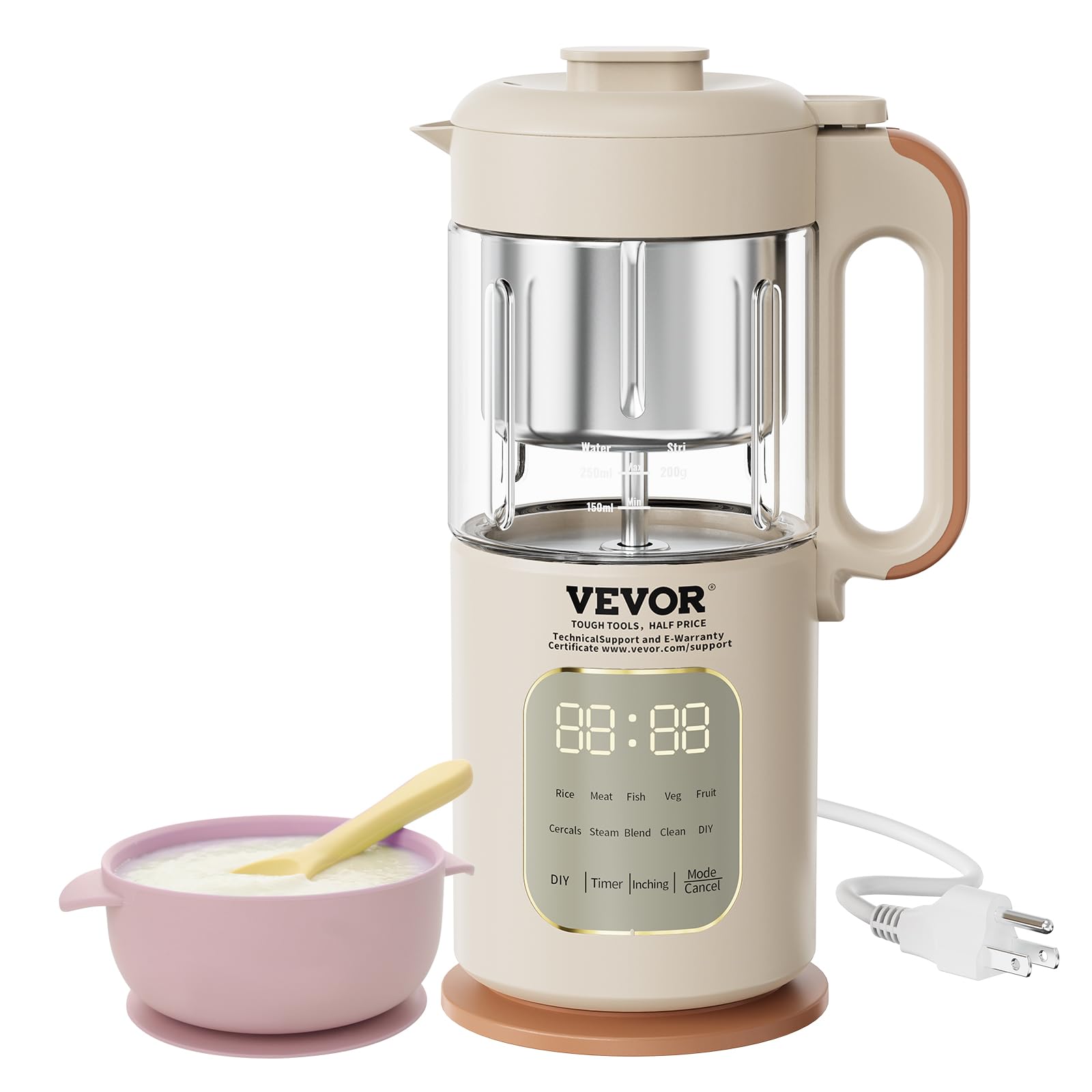 VEVOR 500W Baby Food Maker & Processor with 300ml Glass Bowl - 4-Blade Stainless Steel Puree Blender, Steamer & Grinder for Fruits, Vegetables & Meat | Perfect for Homemade Baby Food Prep & Healthy Toddler Meals | Beige