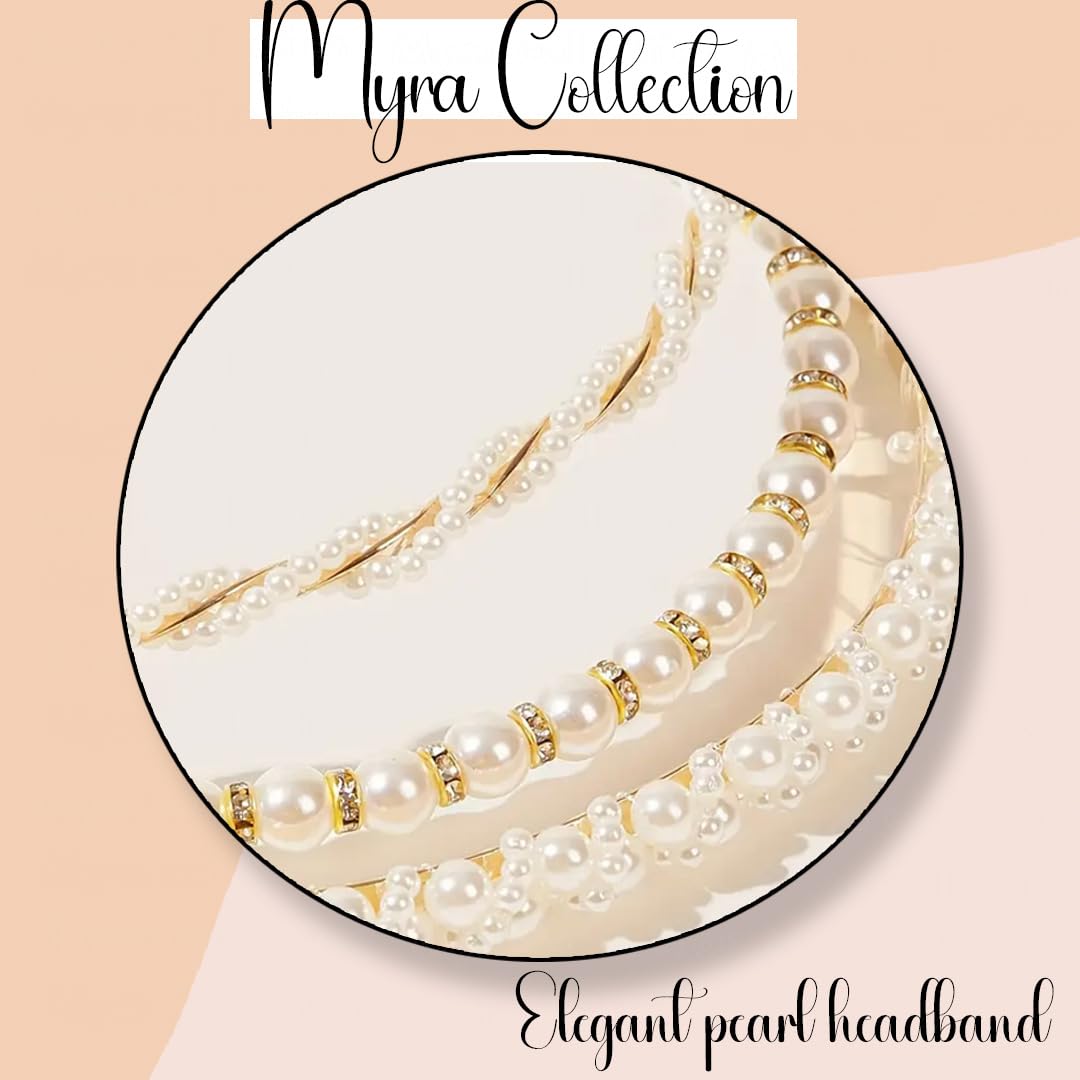 Myra Collection 3-Piece White Pearl Gold Headband Set - Elegant Hair Accessories for Women & Girls | Perfect for Weddings, Parties & Everyday Wear