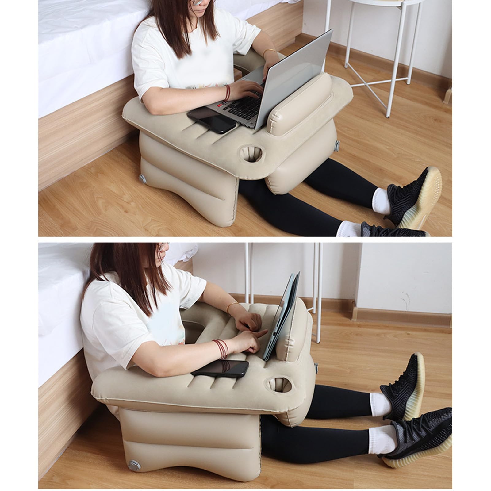 Yosoo Inflatable Reading Lap Pillow - Portable Flocking Lap Desk for Comfortable Reading, Gaming & Working on Bed, Couch or Floor - Beige (Perfect for Students, Book Lovers & Remote Workers)