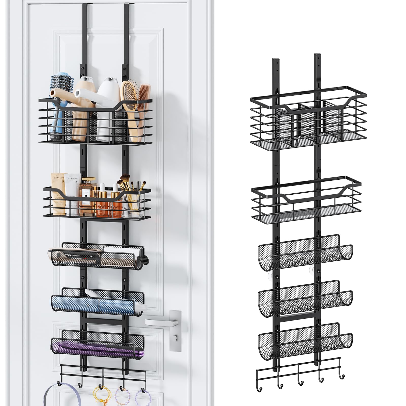 6-Tier Hair Tool Organizer Wall Mount - Adjustable Bathroom Storage Shelf for Hair Dryer, Curling Iron & Straightener | Space-Saving Over The Door Hook Design for Salon-Style Organization (Black)