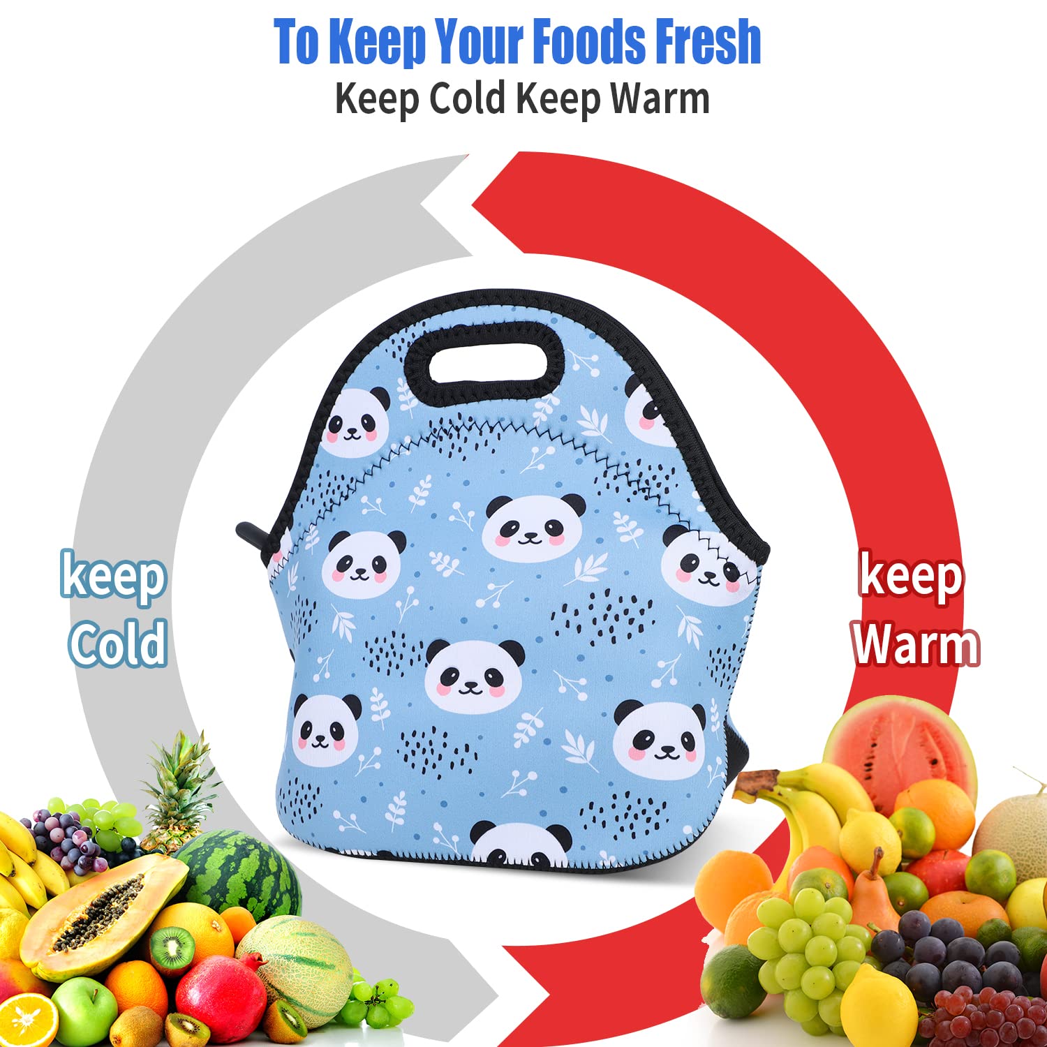 Violet Mist Panda Neoprene Lunch Bag for Women - Cute Insulated Reusable Lunch Box with Handle, Perfect for Work, Office, Picnic & Christmas Gifts