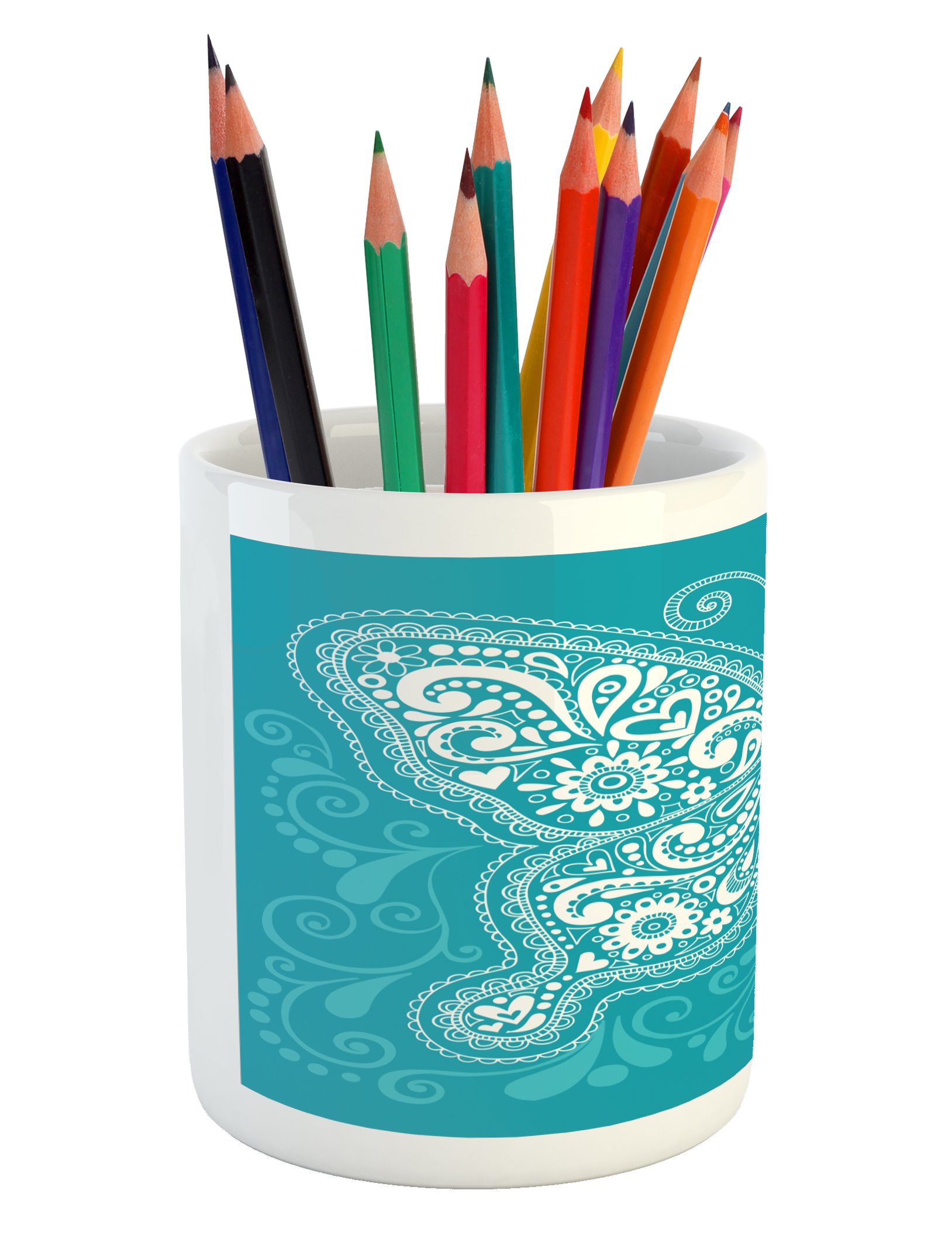 Lunarable Butterfly Pencil Holder - Floral Paisley Design with Hearts & Animal Illustrations, Ceramic Desk Organizer for Office & Home Decor | Perfect for Workstations, Study Rooms & Gift Giving (Pale Blue & White)
