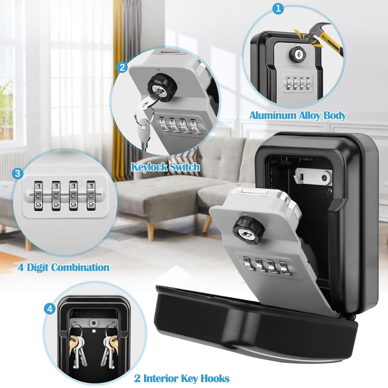 Resettable 4-Digit Combination Key Lock Box for Outdoor Use - Waterproof Wall Mount Security Key Storage for House, Office & Realtors - Perfect for Vacation Homes, Airbnb Rentals & Property Management