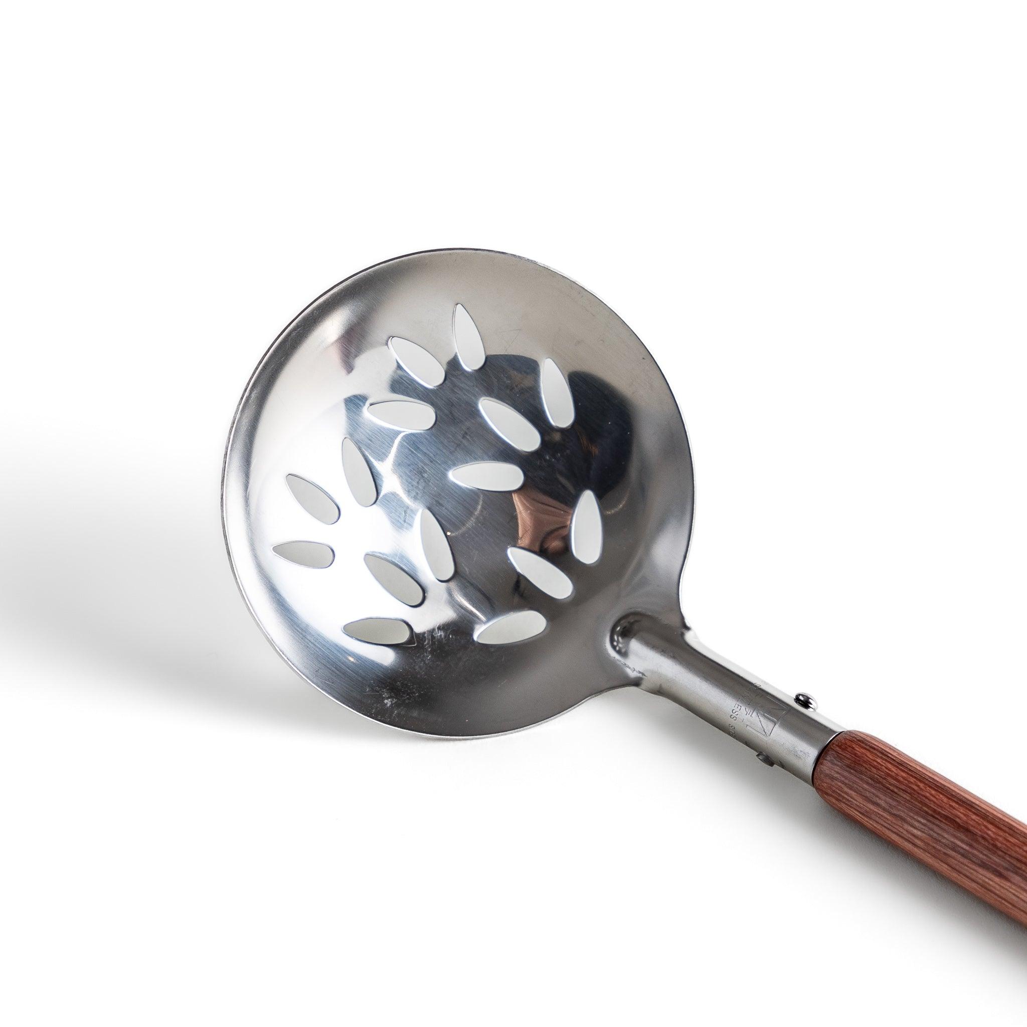 Stainless Steel Perforated Soup Ladle with Ergonomic Wooden Handle - Perfect for Serving Soups, Stews, and Pasta in Restaurants or Home Kitchens